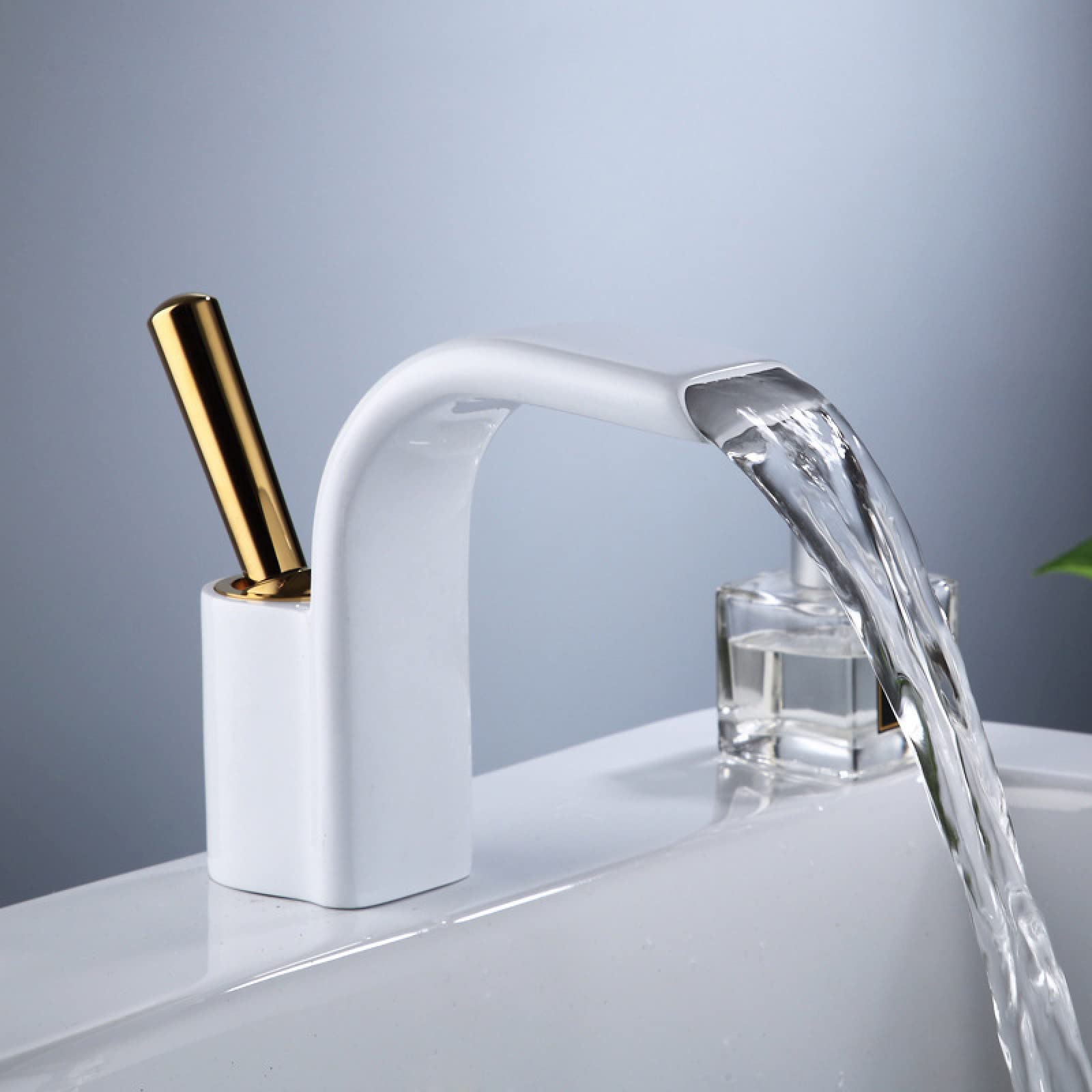 ZYCDP Waterfall Basin Faucet - Single Handle Brass Bathroom Sink Mixer Tap with Hot & Cold Water - White Gold Finish for Modern Vanity & Spa Bathroom Decor