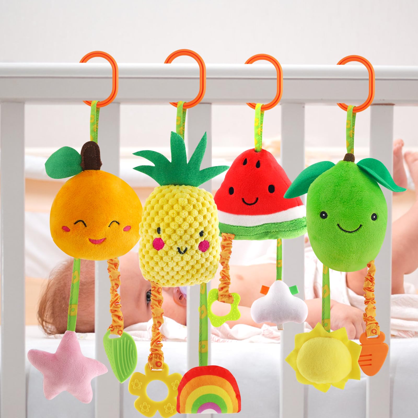 KAKIBLIN 4 Pack Baby Hanging Rattle Toys - Soft Squeaky Teether Toys for Newborns 0-12 Months | Car Seat, Stroller & Crib Activity Toys for Boys & Girls | Fruit-Themed Developmental Toys for Travel & Playtime
