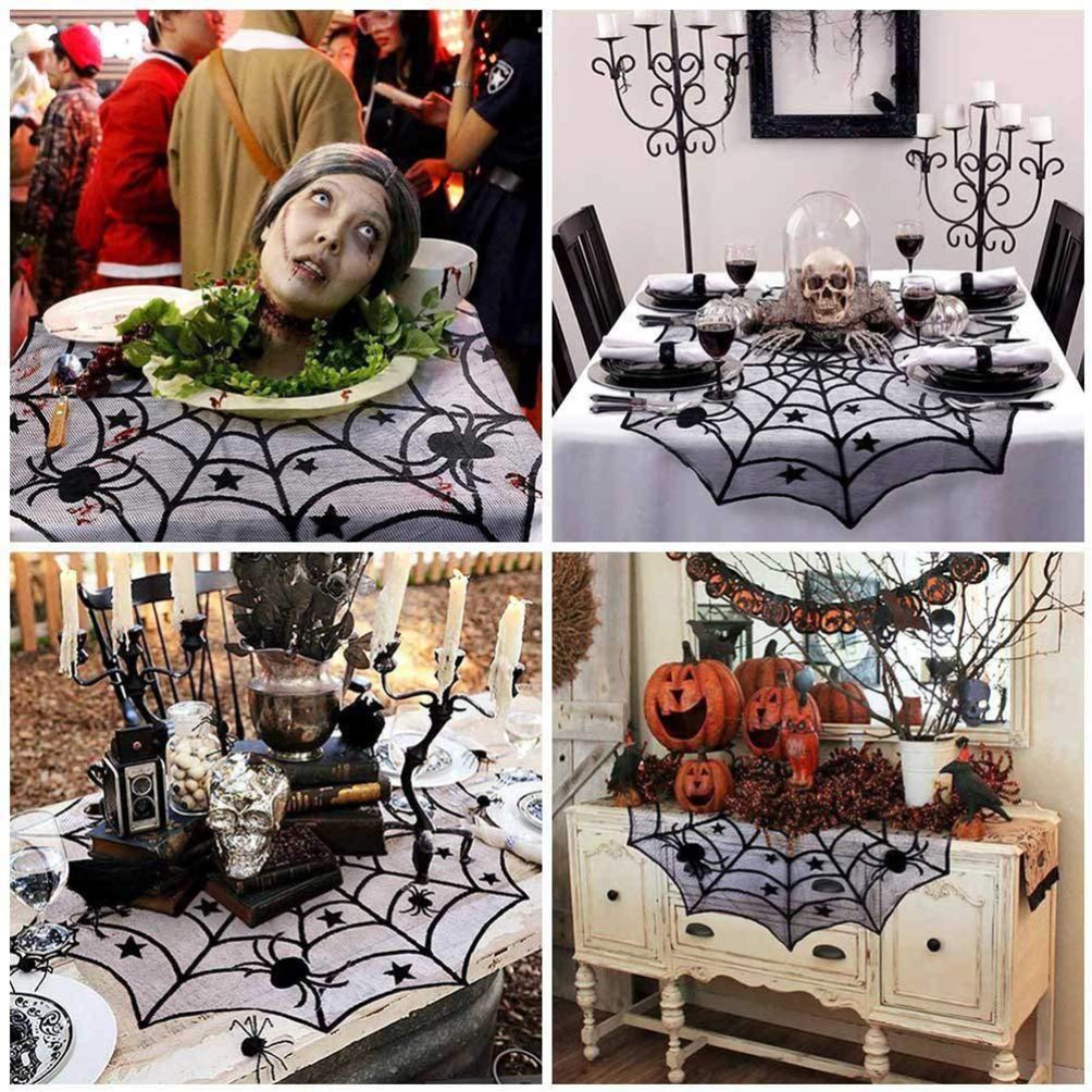 Premium Japanese Quilting Fabrics - Round Lace Tablecloth for Dining Table Decor, Halloween Party, Home Decor (Black Mesh Spider Design) - Perfect for Holiday Dinners, Themed Parties & Elegant Home Decorating
