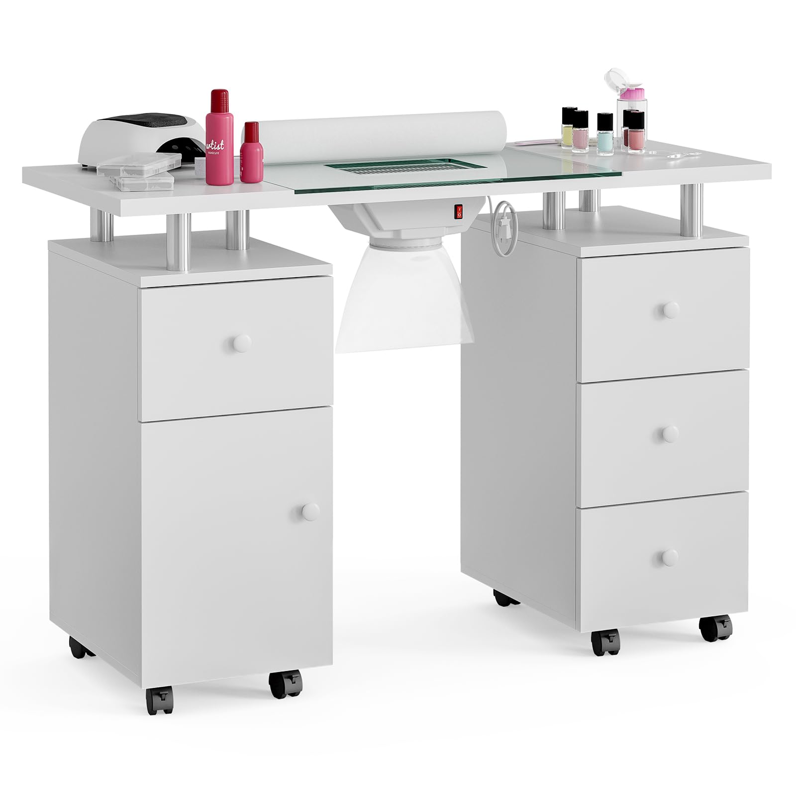 Professional Manicure Table with Glass Top - Electric Downdraft Ventilation, Wrist Cushion & Lockable Wheels - Nail Tech Station with Storage Drawers & Wooden Handles (White-Glass) - Perfect for Salon, Spa & Home Nail Art Studio