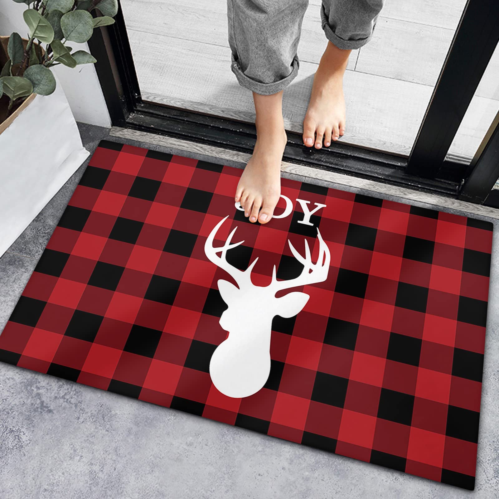 Non-Slip Absorbent Indoor Doormat with Rubber Backing - Christmas Reindeer Design Buffalo Check Pattern for Front Door, Bedroom, Bathroom & Entryway - Perfect for Holiday Decor and Home Safety