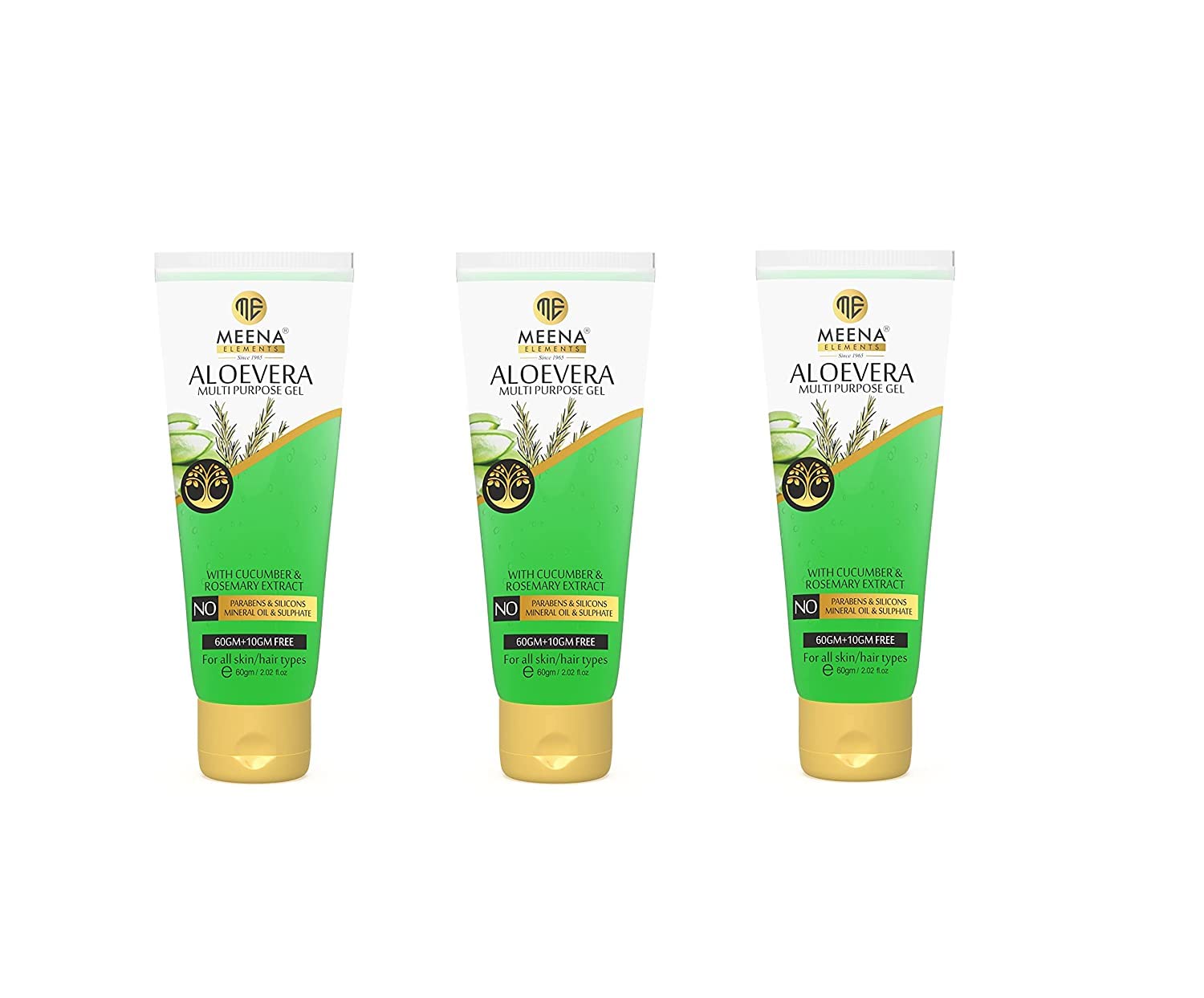 MEENA ELEMENTS 99% Pure Aloe Vera Gel with Cucumber & Rosemary Extract - Natural Skin & Hair Care for All Types (Paraben-Free, Sulfate-Free, No Mineral Oils) - 3 Pack (60g + 10g Extra Each) - Perfect for Sunburn Relief, Moisturizing & Hair Growth