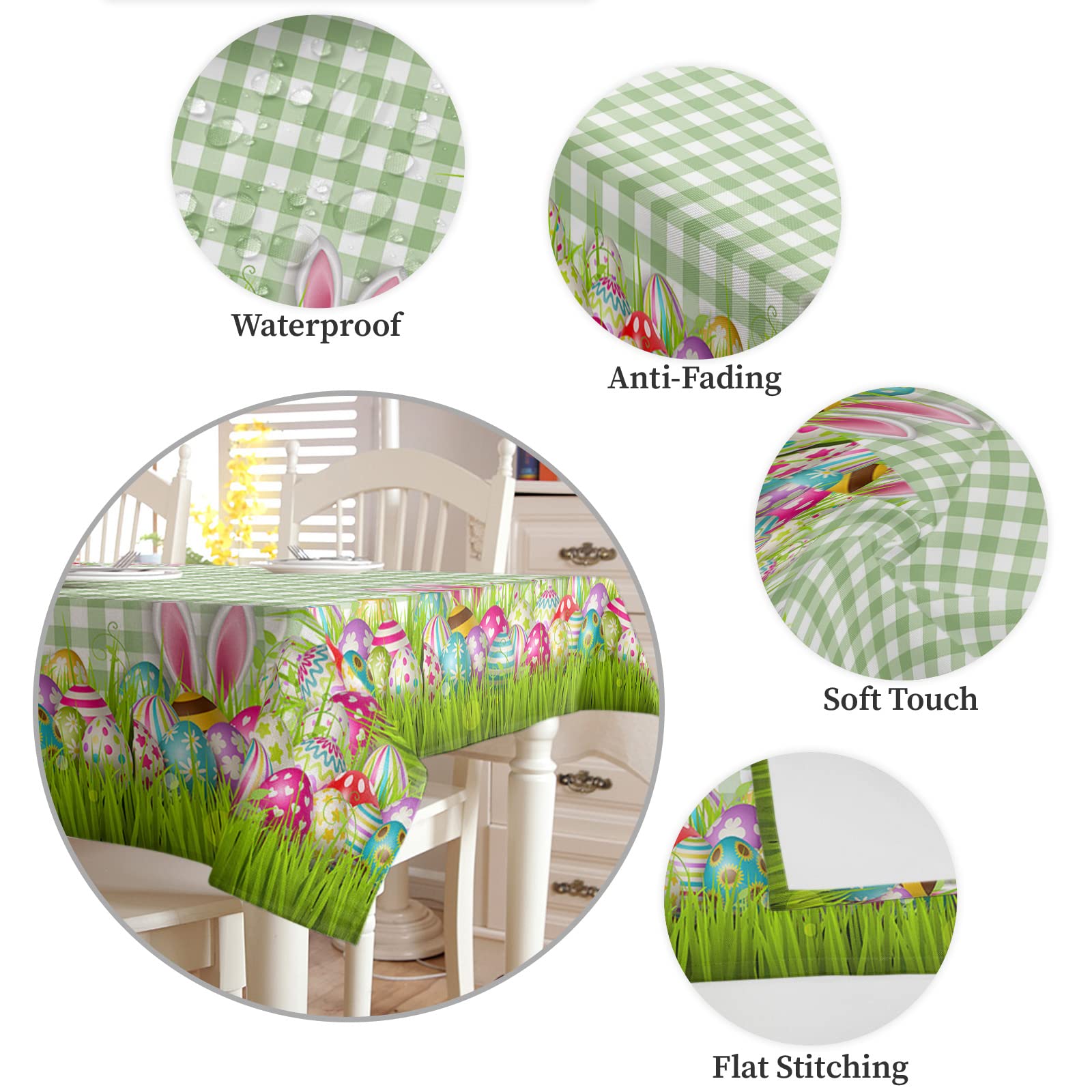 Waterproof Easter Tablecloth - Easter Egg & Bunny Green Plaid Design for Dining Table Decor - 54x108 Inch Rectangle Table Cover - Perfect for Spring Parties, Outdoor Gatherings & Holiday Celebrations