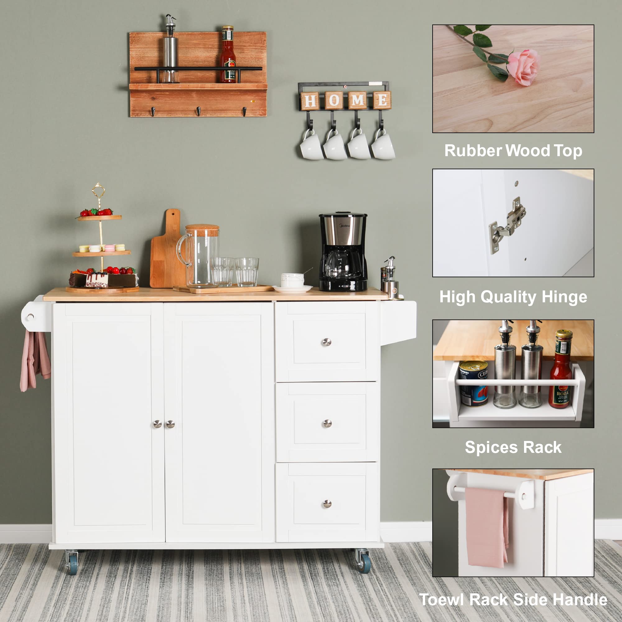 Portable Kitchen Island Cart on Wheels with Drop Leaf, Spice Rack, Towel Holder & Drawers - White | Rolling Kitchen Storage Cabinet for Small Spaces, Apartments & Mobile Cooking Stations