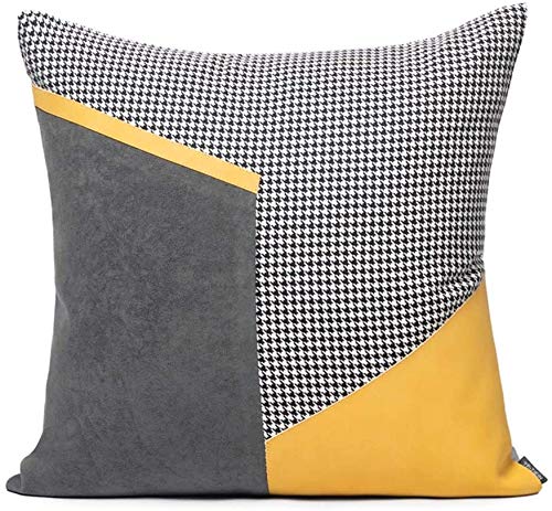 Chihen Decorative Throw Pillow Cases 18x18 Inch - Yellow & Gray Houndstooth Pattern Square Cushion Covers for Sofa, Bed, Living Room | Soft Polyester & PU Leather Pillow Shams | Home Decor Accent for Modern Farmhouse, Apartment & Dorm Room