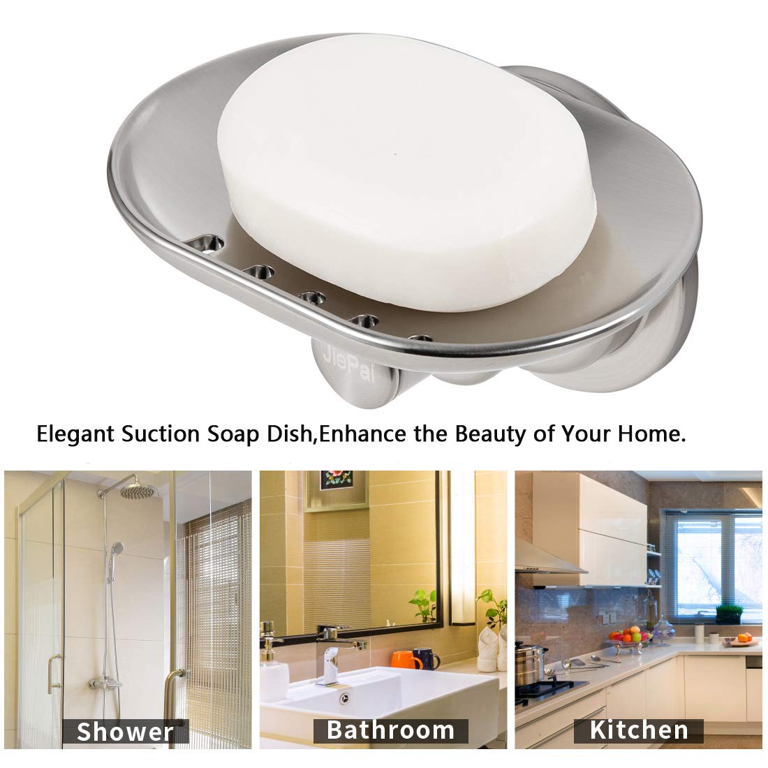 JiePai Suction Cup Soap Dish - Elegant Wall Mounted Soap Holder for Bathroom & Kitchen | Rustproof, Space-Saving Design for Showers, Sinks & Countertops