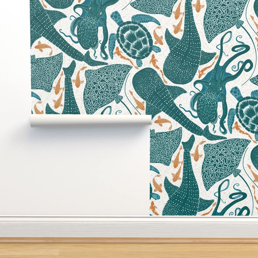 12ft x 2ft Removable Wallpaper - Whale Shark, Sea Turtle, Octopus & Fish Underwater Ocean Theme in Aqua, Golden & Blue | Pre-Pasted Peel & Stick Wallpaper by Spoonflower | Perfect for Kids' Rooms, Bathrooms & Coastal Home Decor