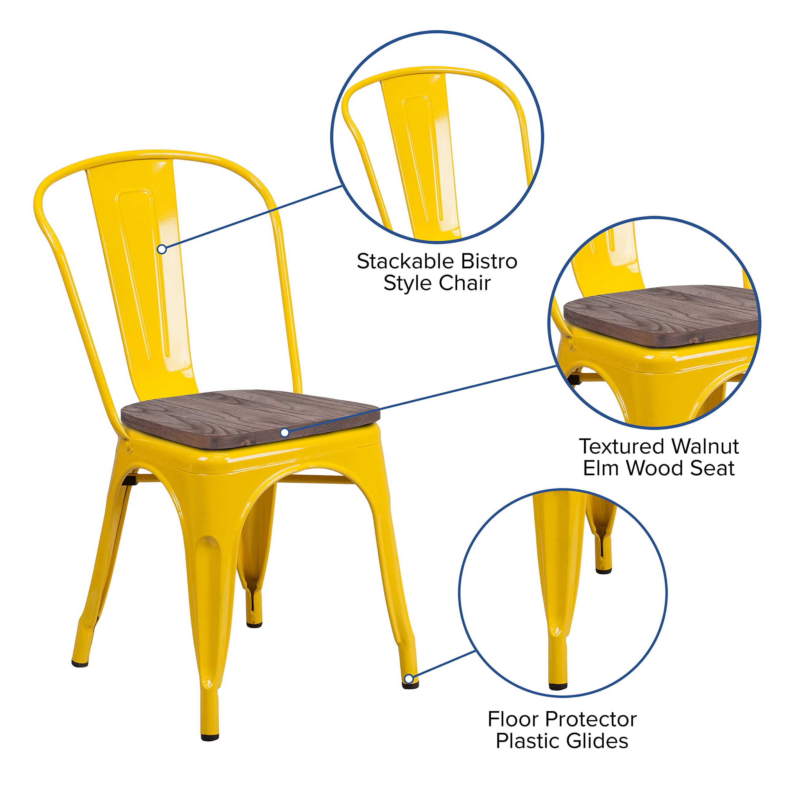 4 Pack Yellow Metal Stackable Chairs with Wood Seat - Commercial Restaurant & Bistro Chairs for Indoor/Outdoor Dining, Cafes, and Events