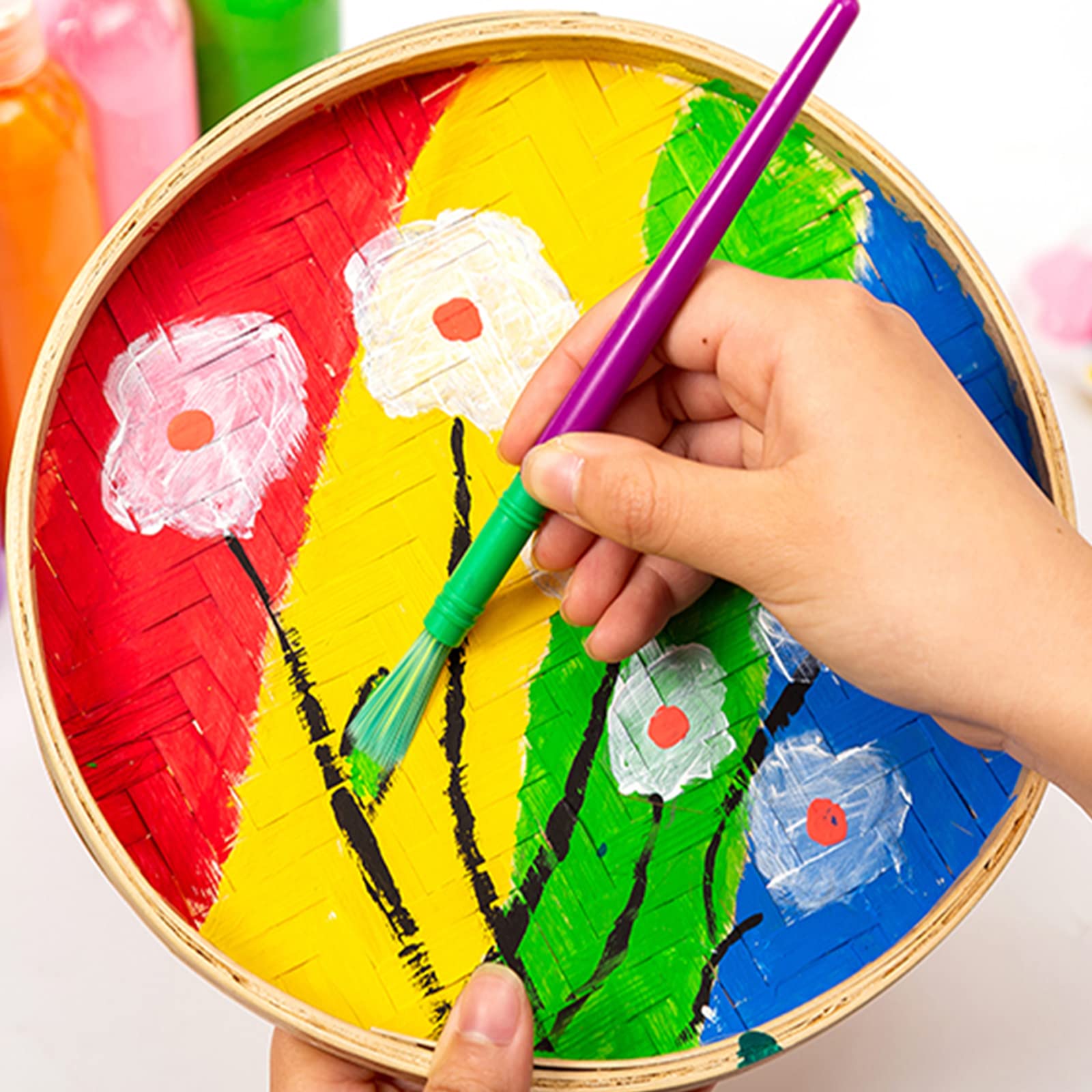 20-Piece Spill-Proof Paint Cup Set with Lids & Hog Bristle Brushes - Kids Art Supplies for Watercolor, Tempera, Acrylic & Washable Paint - Perfect for Classroom, Home Crafts & DIY Projects (10 Colors Included)