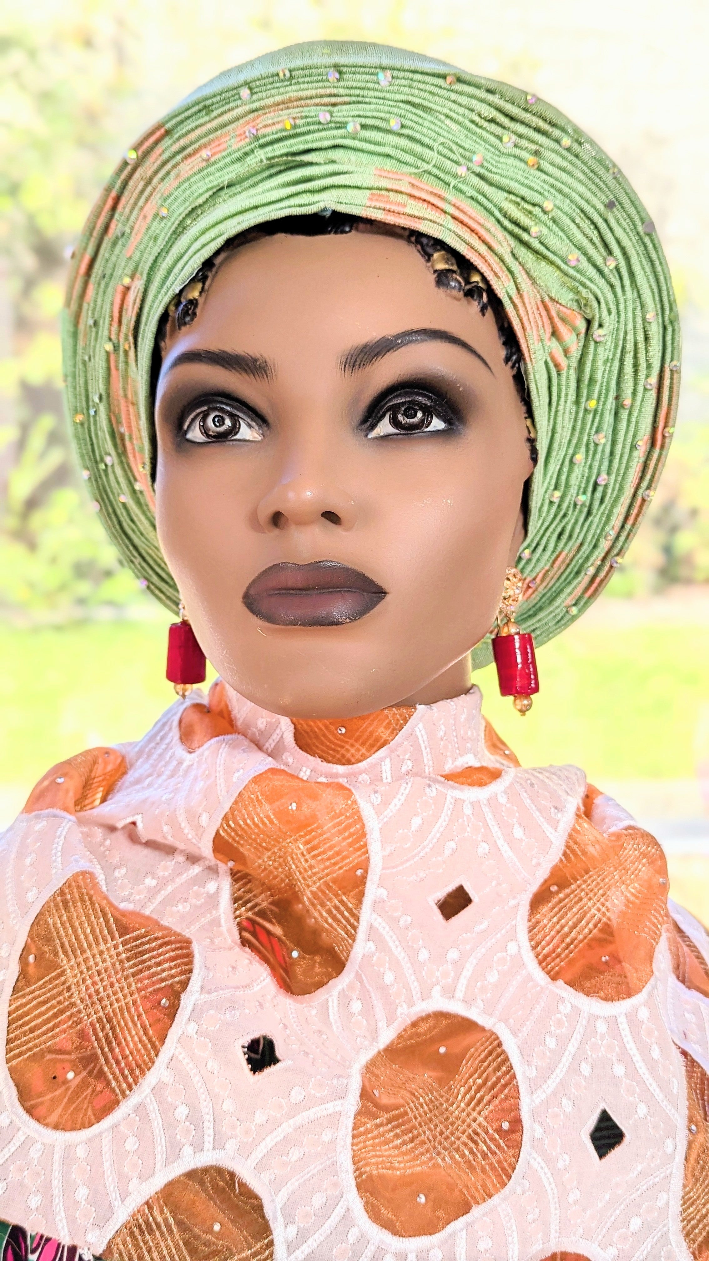 Authentic Aso Oke African Head Wrap - Mint Green & Orange Pre-Tied Gele Hat (DPAGMGO11) | Perfect for Weddings, Church & Cultural Events
