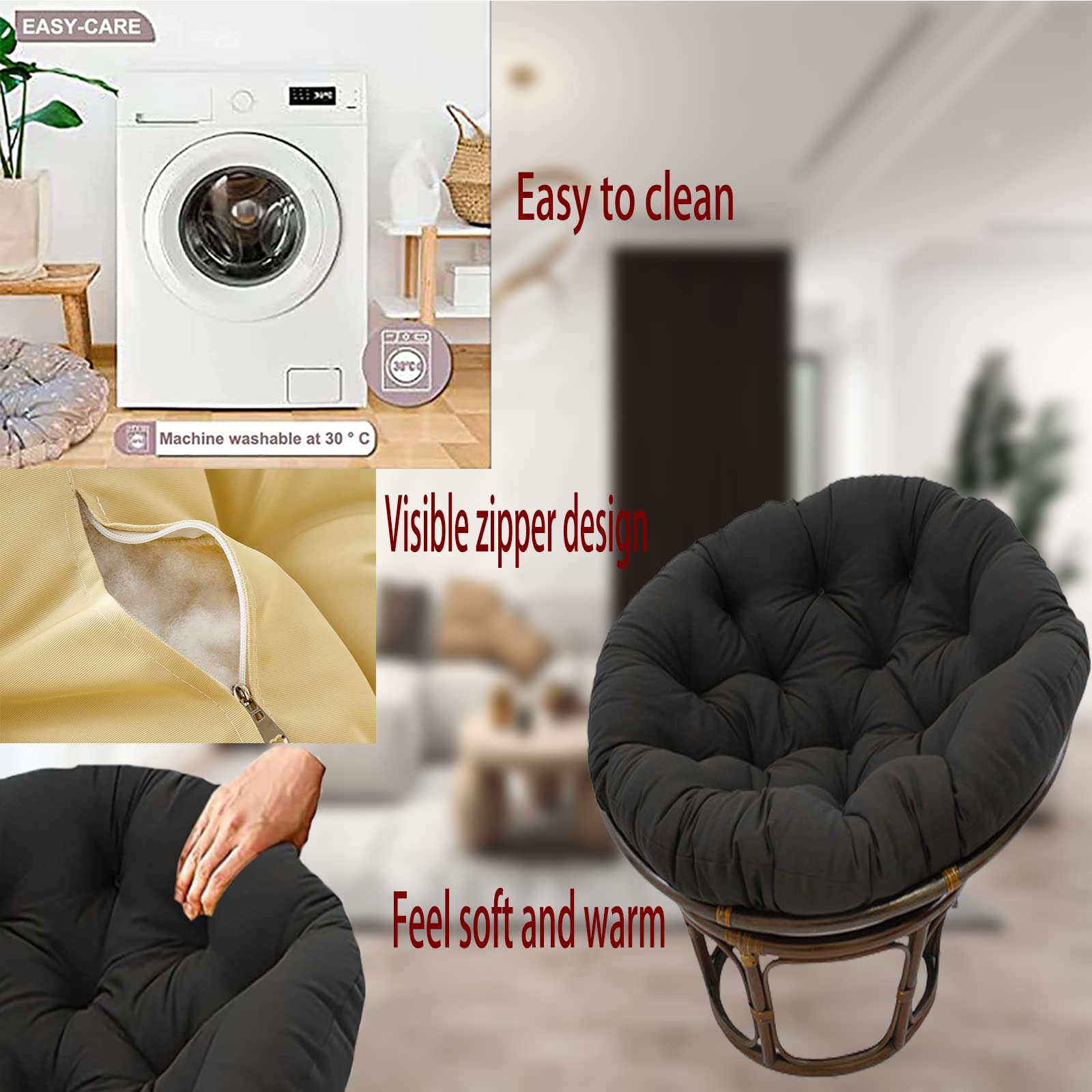 Premium Solid Papasan Patio Chair Cushion - Thick Overstuffed Outdoor Egg Seat Cushion for Hammock Swings - 67 Inch (170cm) Black - Perfect for Indoor & Outdoor Relaxation in Gardens, Porches and Backyards