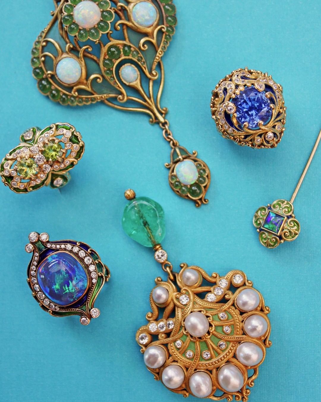 Marcus & Co. Opal, Chrysoprase & Plique-à-Jour Enamel Vintage Brooch Pin - Elegant Jewelry for Women, Perfect for Weddings, Parties & Special Occasions