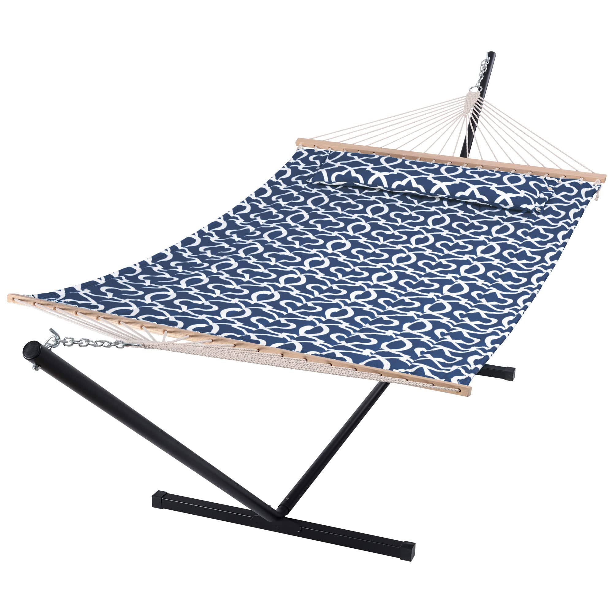 SUNCREAT 2-Person Hammock with Stand - 475 lbs Weight Capacity, Portable Outdoor Patio Hammock with Hardwood Spreader Bar & Soft Pillow - Blue Pattern - Perfect for Backyard Relaxation, Camping & Beach Lounging