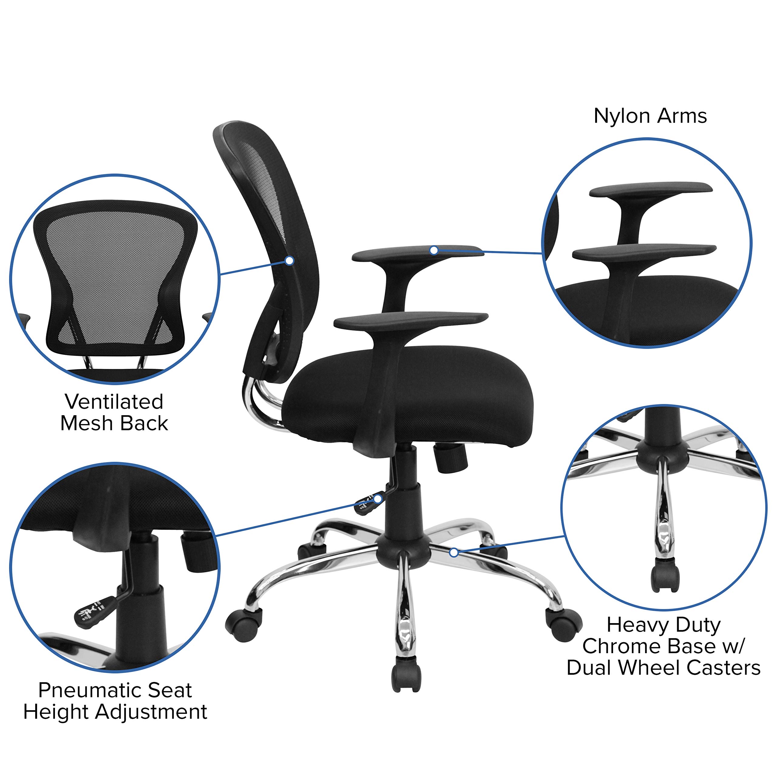 Flash Furniture Alfred Mid-Back Black Mesh Swivel Task Office Chair with Chrome Base and Arms - Ergonomic Desk Chair for Home Office, Computer Work & Gaming