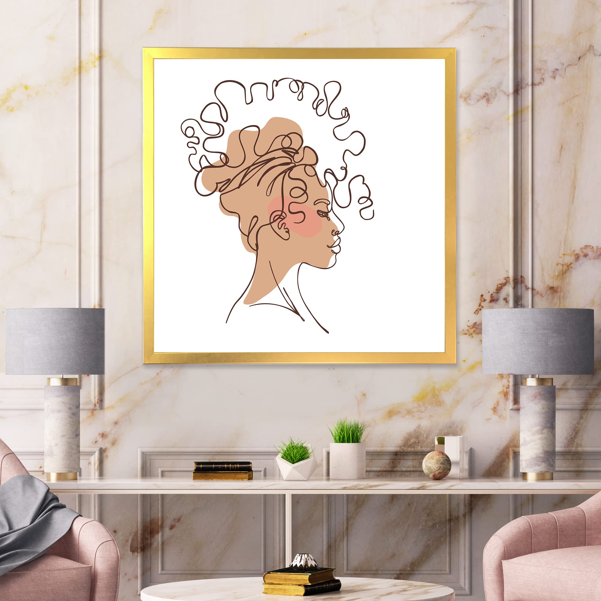 DesignQ One Line Portrait of African American Woman - Modern Minimalist Framed Wall Art for Living Room, Bedroom & Office Decor