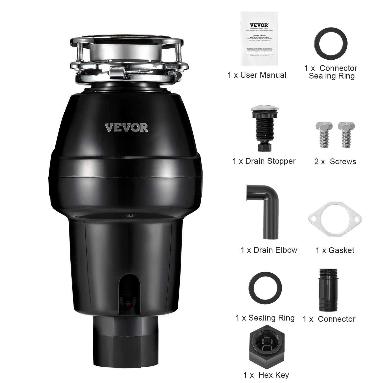VEVOR 3/4 HP Continuous Feed Garbage Disposal - 3260 RPM Food Waste Disposer with Sound Reduction, 3-Bolt Mount & Splash Guard - Powerful Kitchen Sink Grinder for Everyday Food Scraps & Leftovers (Ideal for Homes, Restaurants & RVs)