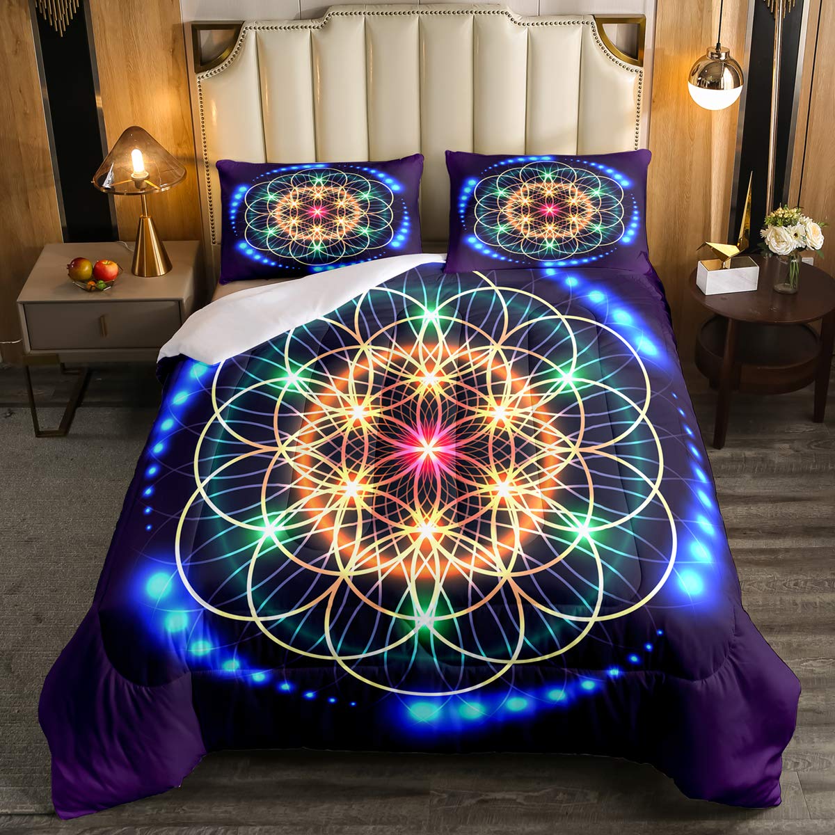 Geometric Floral Down Comforter Set with Glitter & Abstract Art Design - Colorful Stage Lighting Lines Quilted Duvet Cover (Full Size, Green & Blue) - Includes 1 Comforter & 2 Pillowcases - Perfect for Modern Bedroom Decor & Guest Room Styling