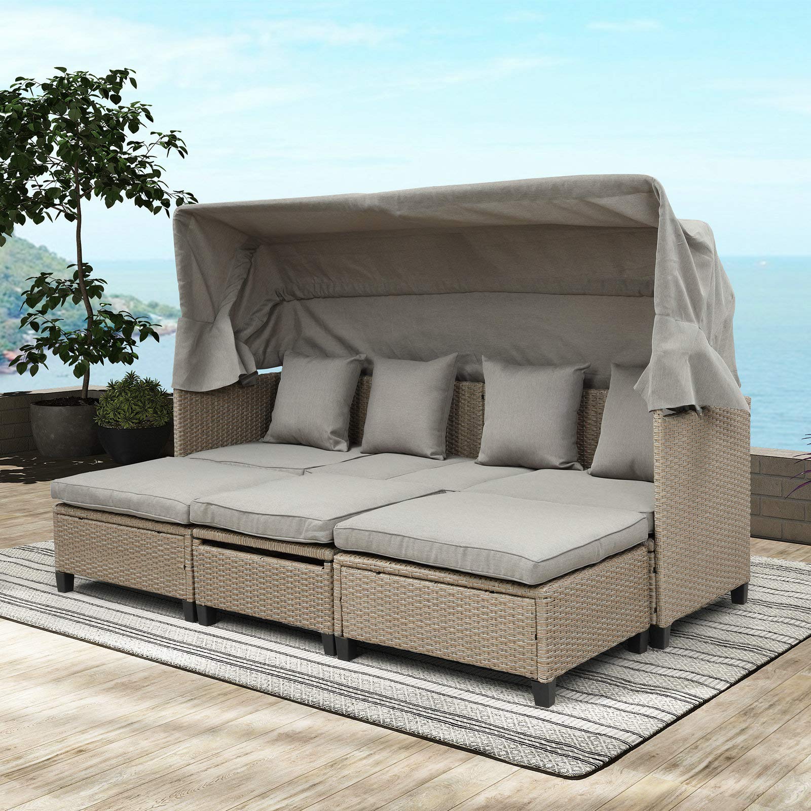 4-Piece Outdoor Patio Furniture Set with Retractable Canopy - All-Weather Wicker Sofa Set with Soft Cushions & Lift-Top Coffee Table - Perfect for Garden, Backyard, Poolside & Deck Relaxation (Brown)