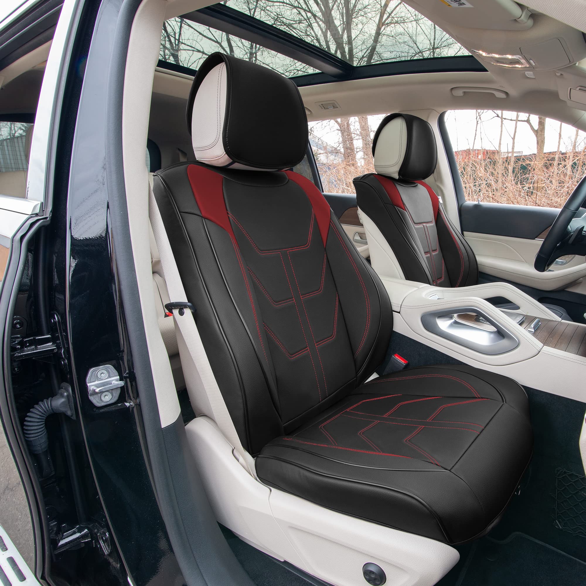 TLH Bionic70 Deluxe Faux Leather Burgundy Car Seat Covers (2-Pack) - Waterproof Universal Fit for Cars, Trucks & SUVs | Front Seat Protectors with Contrast Stitching | Perfect for Road Trips, Commuting & Pet Protection