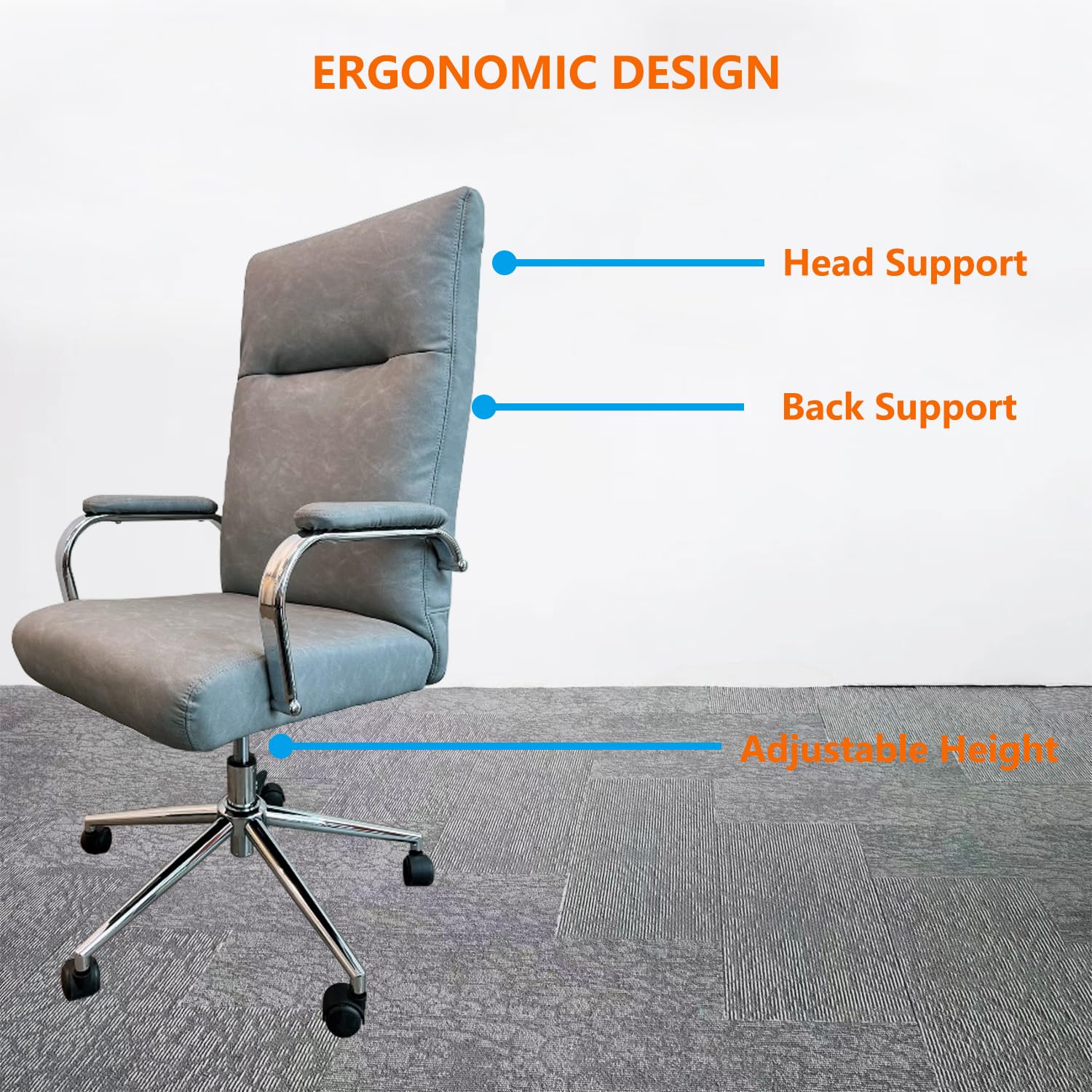 Ergonomic Office Chair - Adjustable Height Swivel Computer Desk Chair with Wheels, High Back Executive Leather Chair with Lumbar Support (Grey) - Perfect for Home Office, Gaming & Workspaces