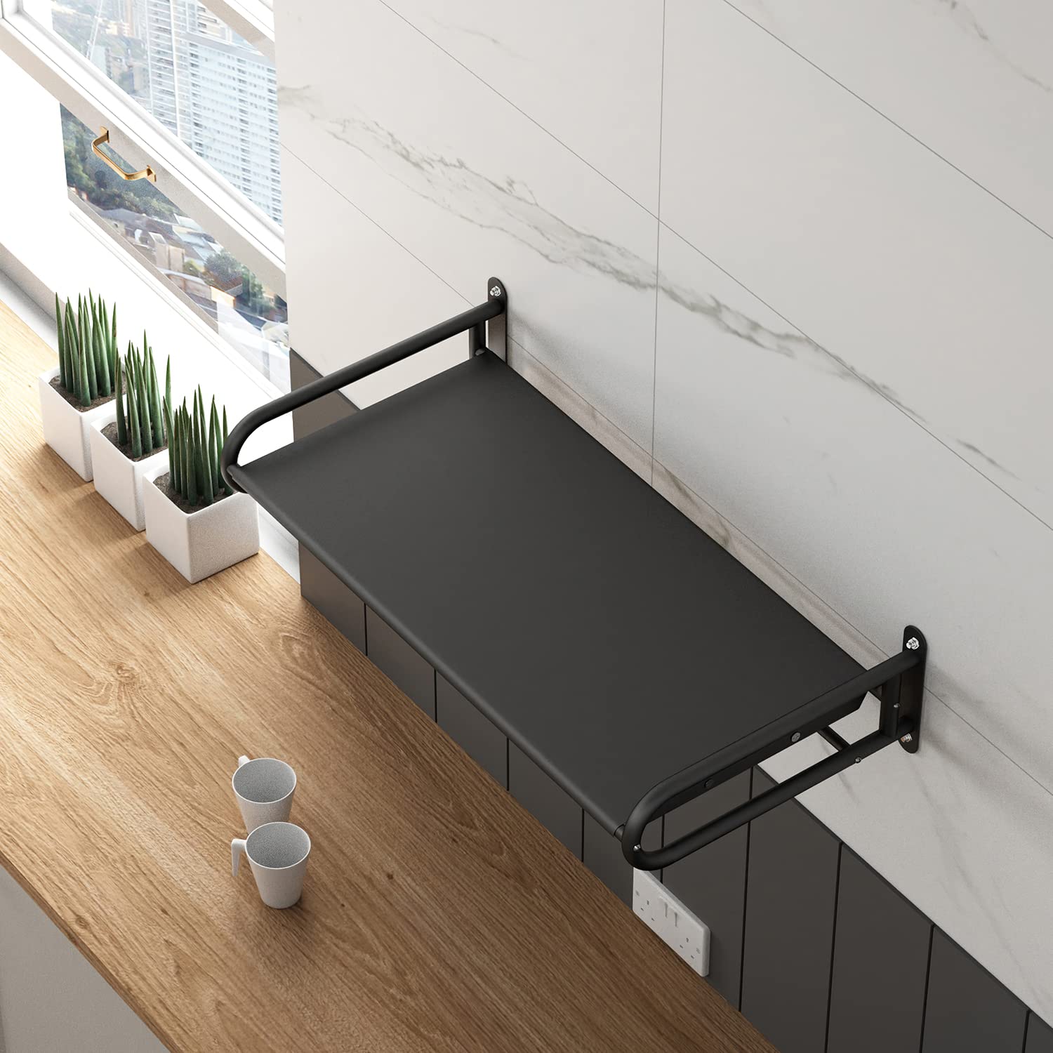 32 Inch Heavy Duty Stainless Steel Wall Shelf - Commercial & Household Use - Wall Mount Microwave Oven Shelf with Fixing Kit (Black, 32