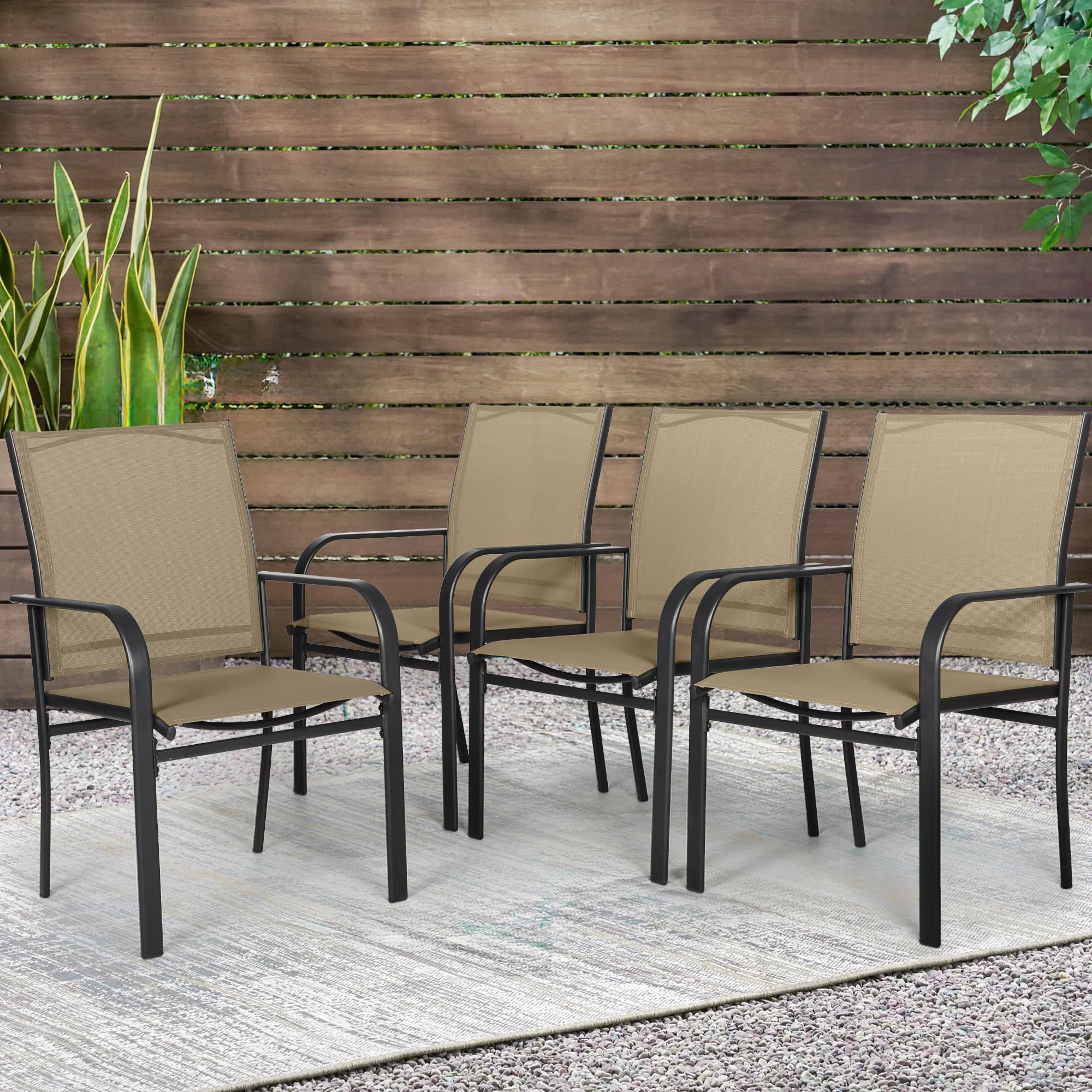 4-Piece Outdoor Wrought Iron Dining Chairs Set - Textilene High Back Patio Chairs with Armrests, Durable Metal Frame Furniture for Yard, Backyard, Lawn & Poolside - Perfect for Outdoor Dining, BBQs & Garden Parties (Brown)