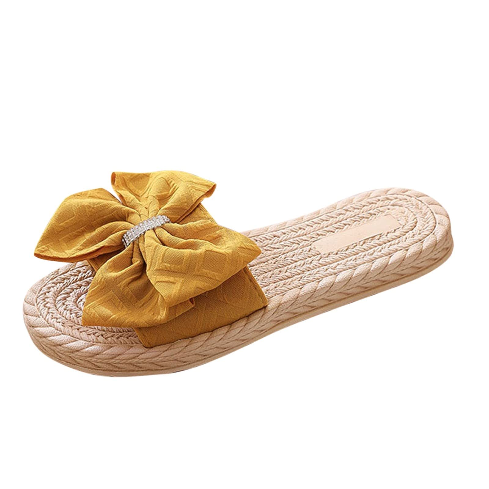 Stylish Women's Straw Espadrille Slippers with Rhinestone Bows - Comfortable Flip Flops for Beach, Summer & Casual Wear - Breathable Flat Sandals for Ladies