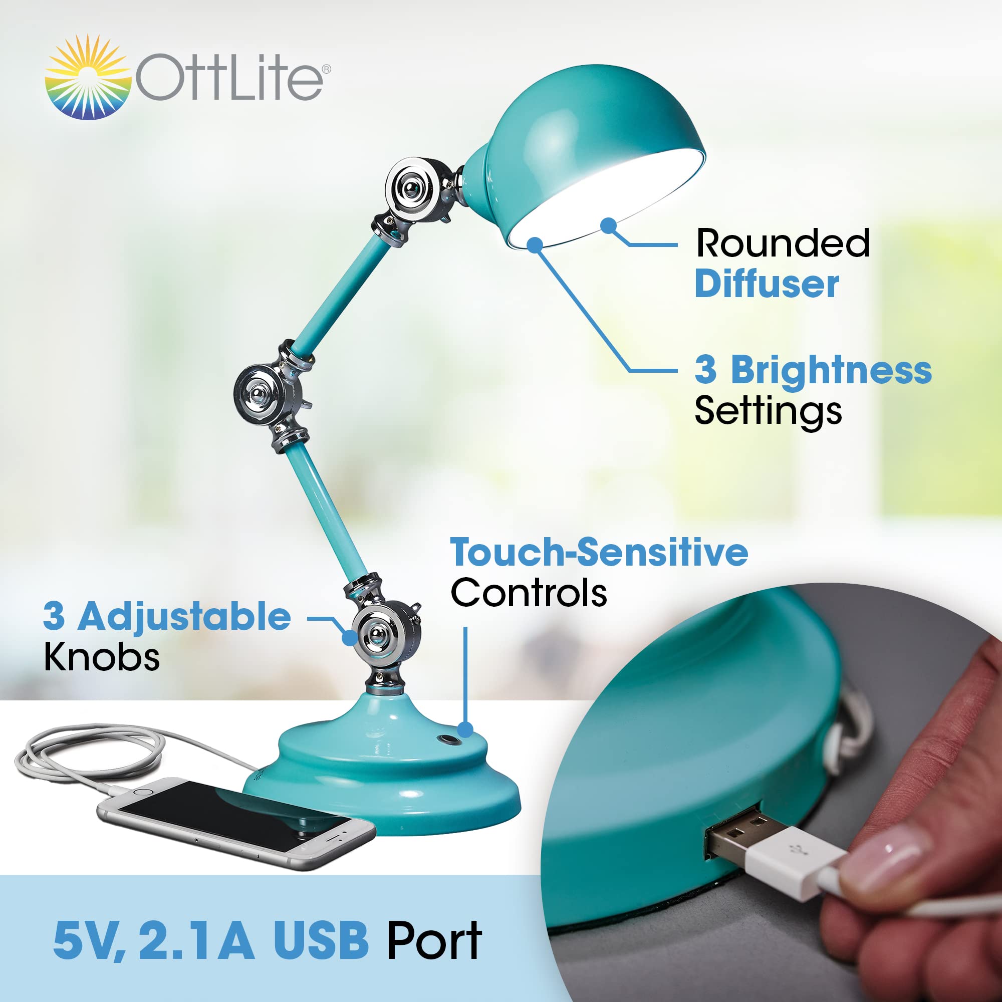 OttLite Revive LED Desk Lamp with ClearSun LED Technology - 3 Brightness Levels, Touch Controls, USB Charging Port & Adjustable Arms | Perfect for Reading, Studying, Home Office & Crafting (Turquoise)