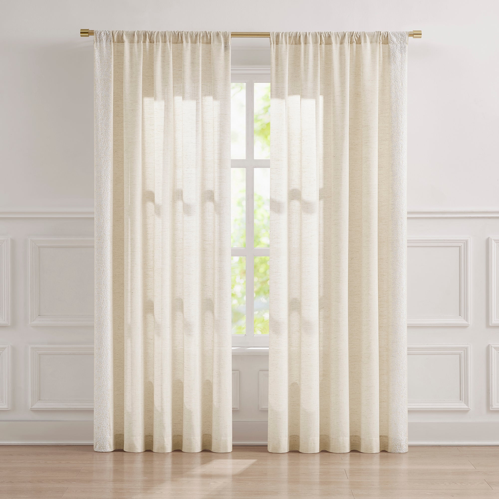 Emily Leaves Embroidered Window Curtain Panels - Elegant Floral Sheer Drapes for Living Room & Bedroom - Light Filtering Privacy Curtains for Home Decor