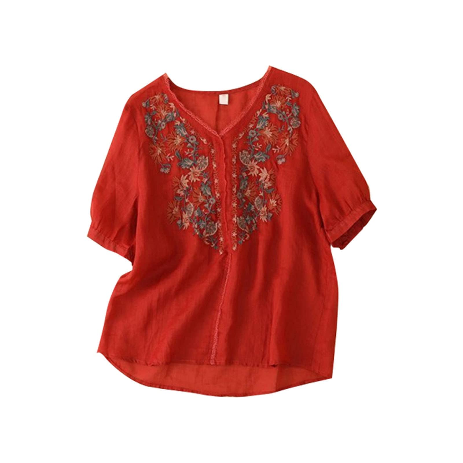 PADON Women's Long Sleeve Embroidered Cotton Linen Shirt - Slim Fit V-Neck Pullover Blouse for Casual & Office Wear | Elegant & Versatile Top for Women