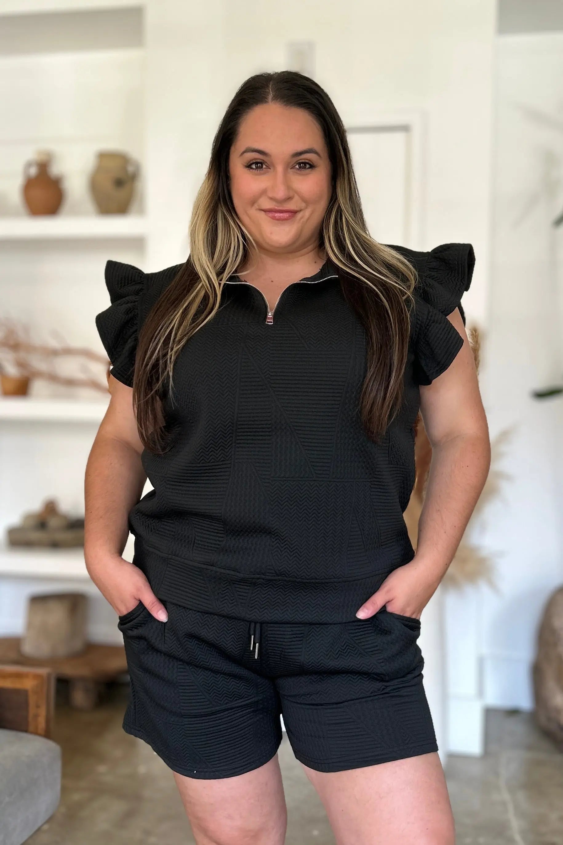 Double Take Full Size Textured Flounce Sleeve Top and Shorts Set - Women's Casual Summer Outfit for Beach, Vacation & Date Night