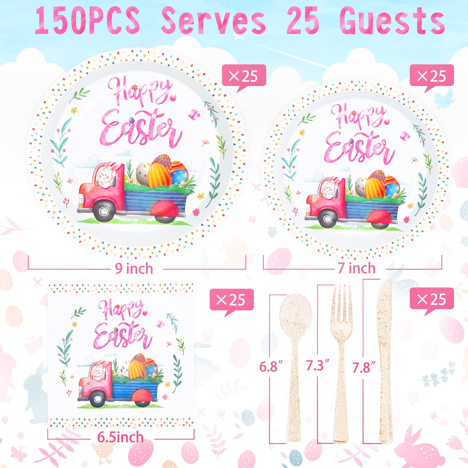 150-Piece Easter Paper Plates and Napkins Set - Bunny Themed Spring Party Supplies for 25 Guests | Perfect for Easter Celebrations, Baby Showers & Spring Gatherings