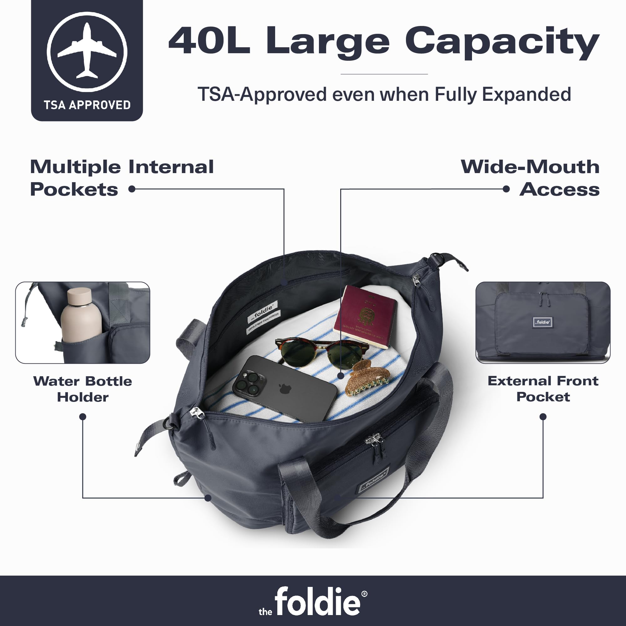 The Foldie® Foldable Travel Tote Bag for Women - Lightweight Weekender Bag, Carry-On Luggage, Gym & Beach Bag - Perfect for Travel, Shopping & Work Commute