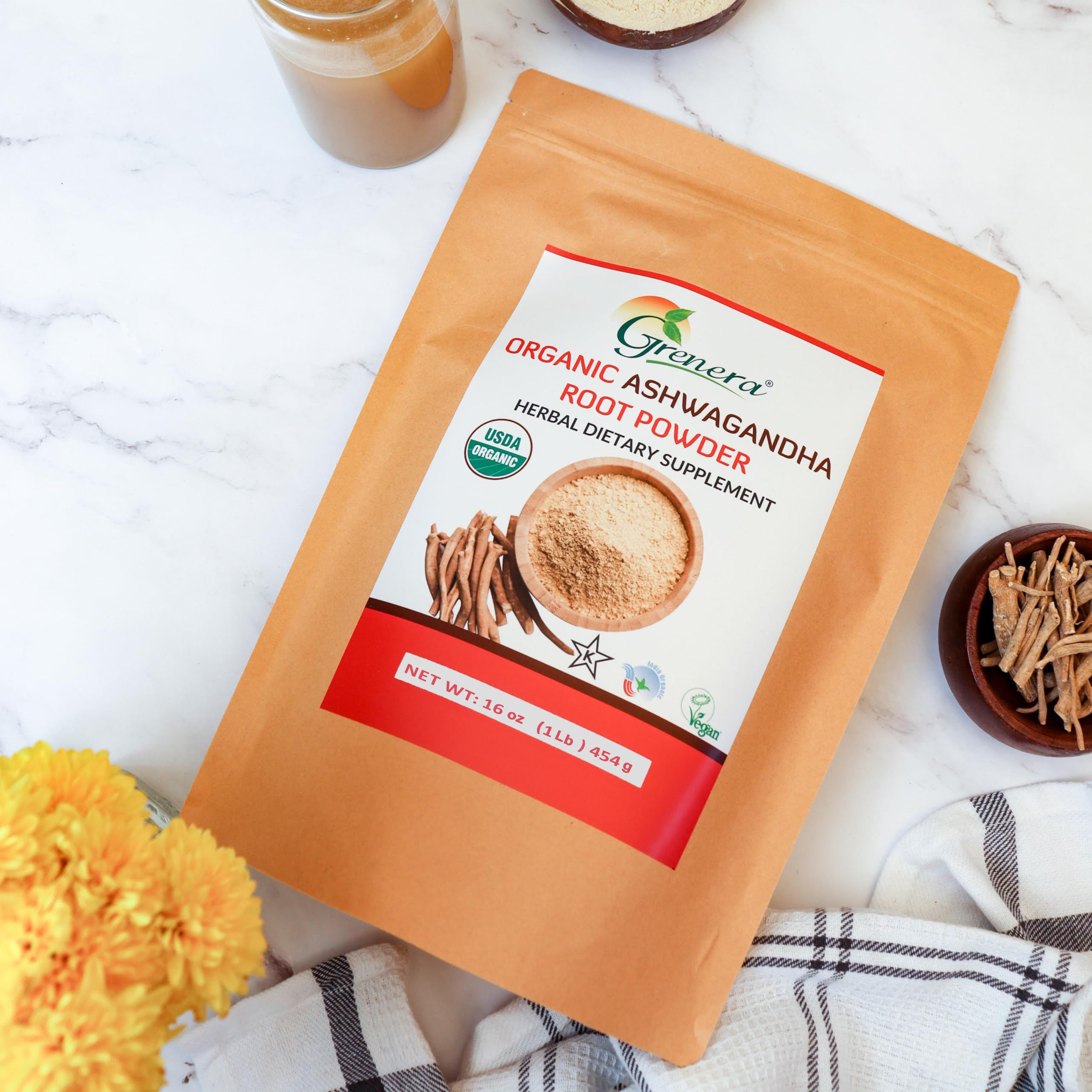 Organic Ashwagandha Powder 1 lb (16 oz) - USDA Certified, Vegan, KOSHER, Stress Relief & Energy Boost - Perfect for Smoothies, Tea & Wellness Routines