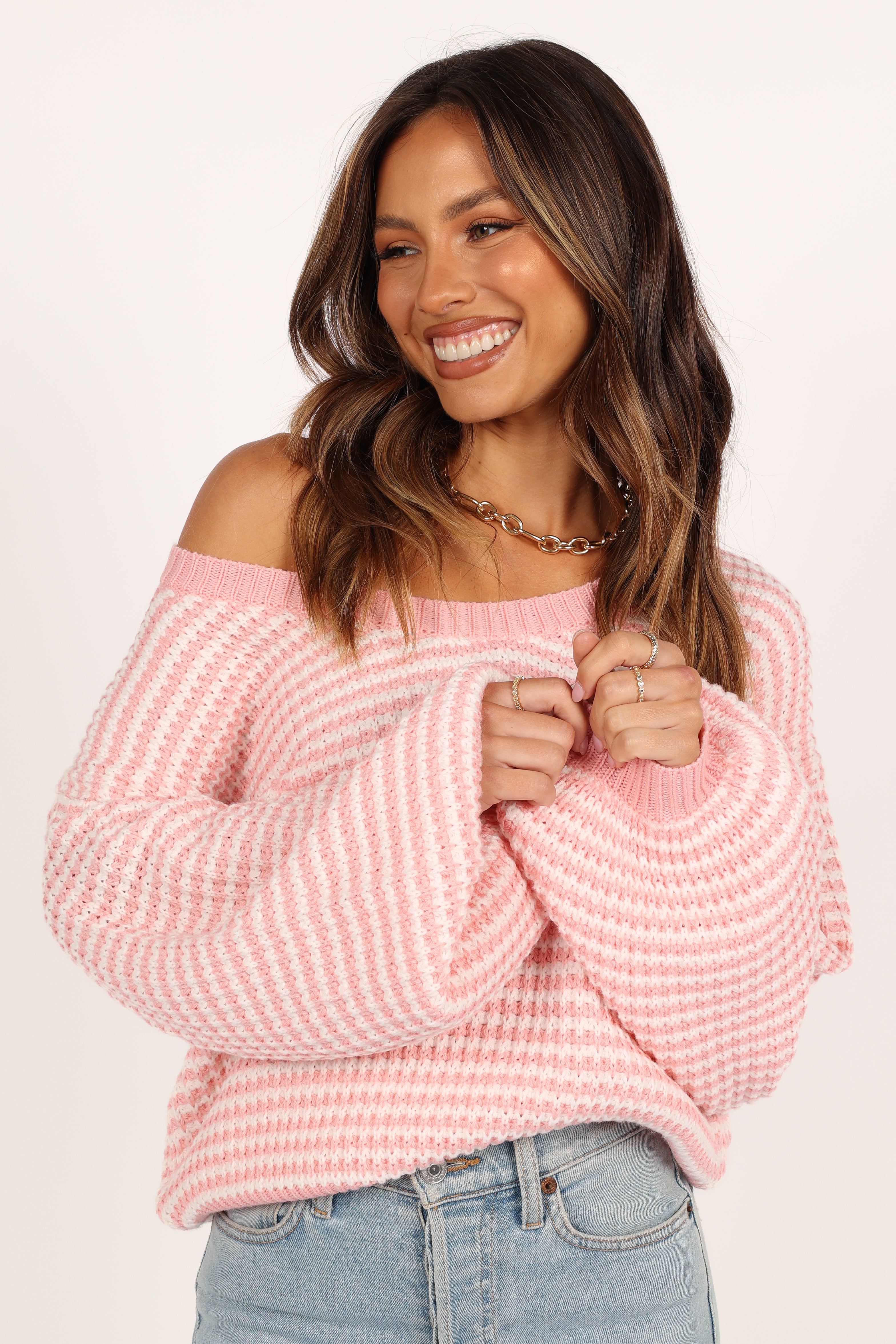 Becca Crewneck Waffle Stitch Stripe Knit Sweater for Women | Soft Pink Casual Pullover | Perfect for Fall, Winter & Cozy Outfits