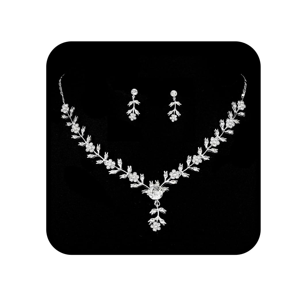 Sparkling Silver Wedding Jewelry Set - Rhinestone Necklace & Crystal Dangle Earrings for Women | Elegant Bridal Accessories, Prom, Anniversary & Special Occasions