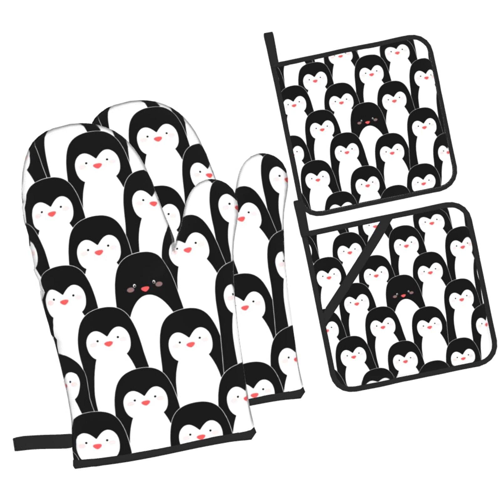 Cute Penguins Print 4-Piece Oven Mitts and Pot Holders Set - Heat Resistant, Non-Slip Kitchen Gloves with Inner Cotton Layer for Cooking, Baking, BBQ & Grilling - Perfect for Holiday Gifts, Housewarming & Kitchen Decor