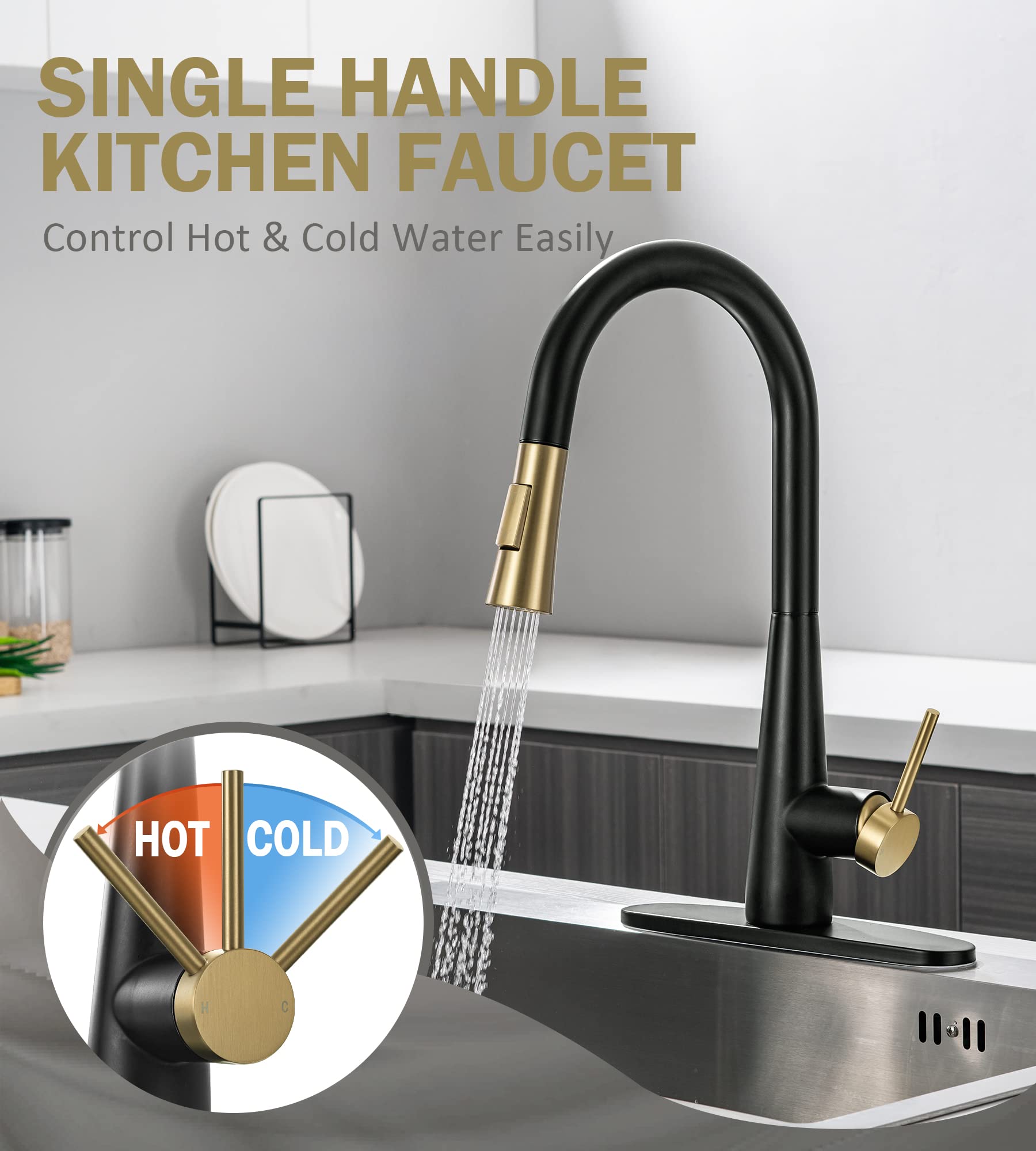 Black & Gold Kitchen Faucet with Pull-Down Sprayer - Modern Matte Black Stainless Steel for Home Kitchen