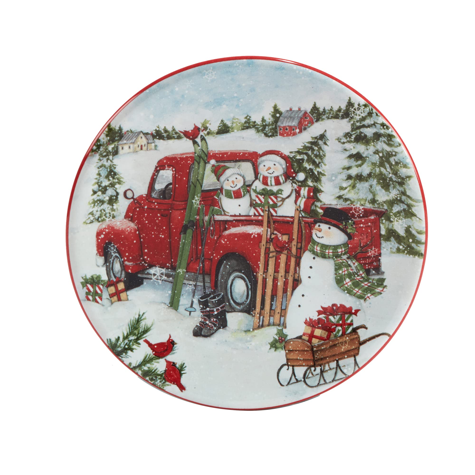 Certified International Red Truck Snowman 6-Inch Canape Plates - Set of 4 Small Multicolor Holiday Dessert Plates for Christmas Party, Luncheon, and Festive Gatherings