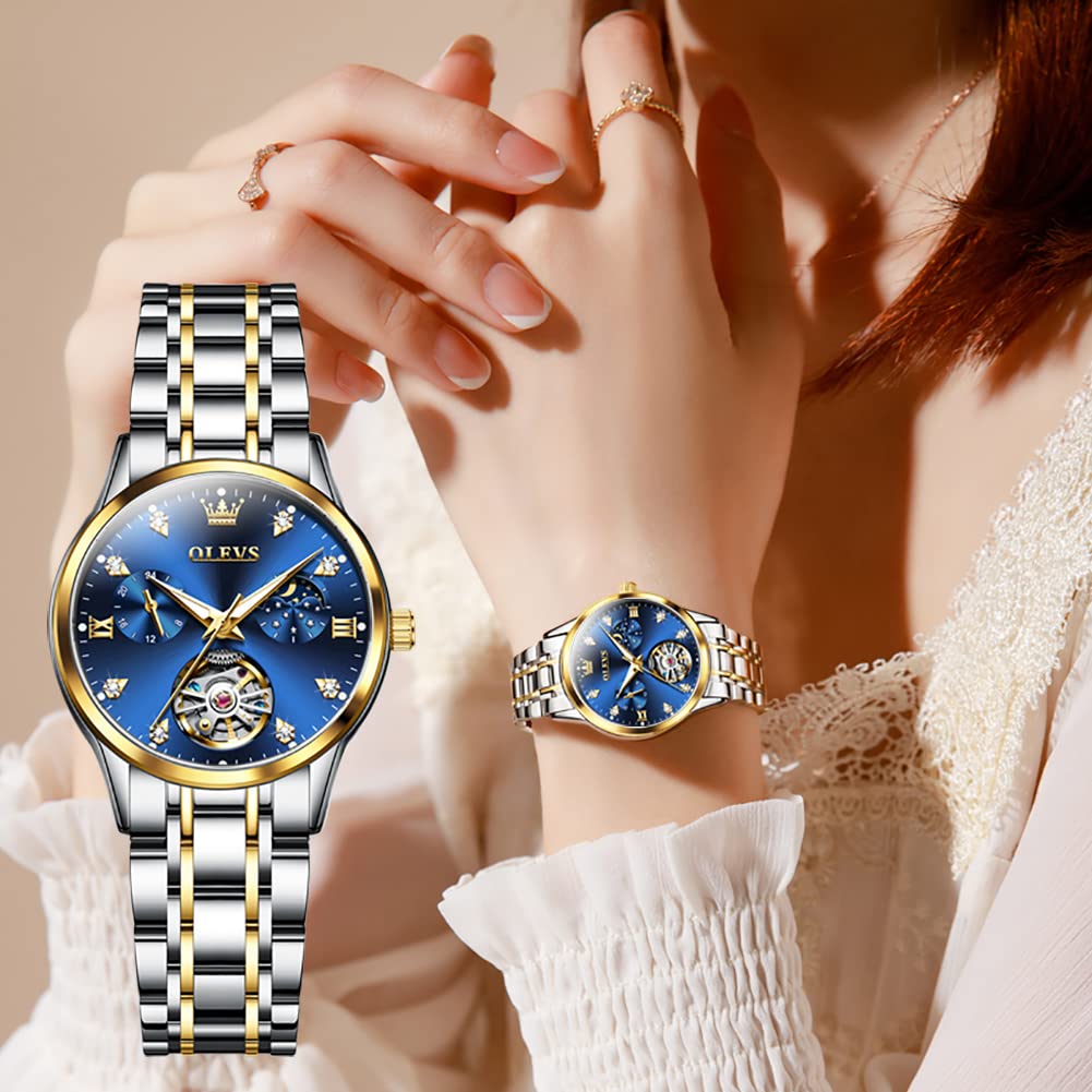 OLEVS Women's Luxury Automatic Diamond Self-Winding Dress Watch with Moon Phase & Luminous Blue Dial - Stainless Steel Waterproof Wristwatch for Business, Party & Formal Occasions
