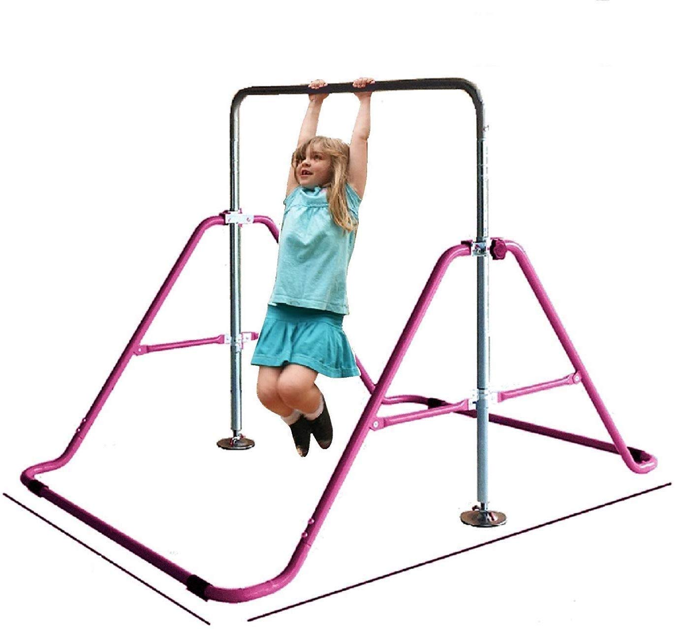Adjustable Kids Gymnastics Bar Set - 3-in-1 Jungle Gym with Swing Seat, Trapeze Rings & Kip Bar | Expandable Monkey Bars for Home Training | Perfect for Indoor Playrooms, Backyards & Preschool Gymnastics (Pink)