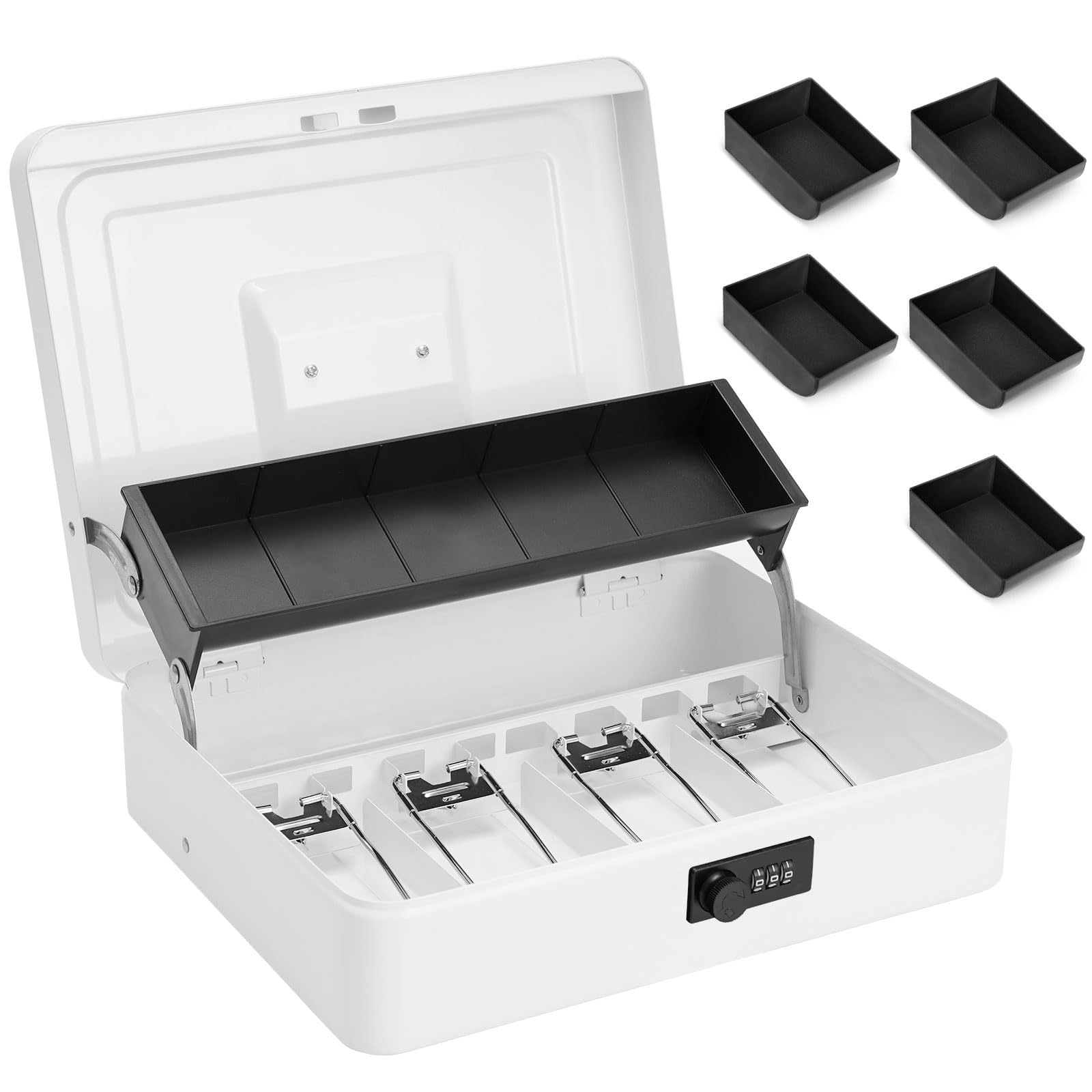 Large Locking Cash Box with Combination Lock & Money Tray - Portable Safe Box for Office, Business, Retail & Home Use - 11.8