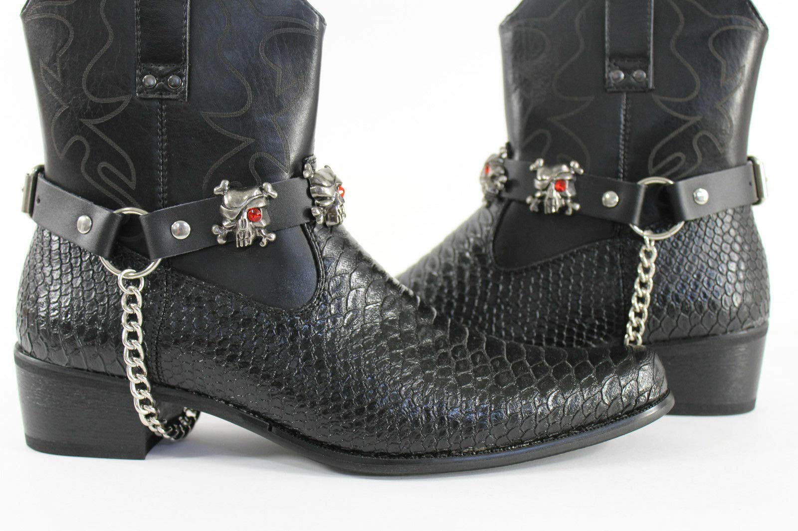 Men's Black Leather Biker Boot Bracelet with Silver Skull & Chain Straps - Chunky Statement Bangle Jewelry for Motorcycle Riders & Rock Fashion Enthusiasts