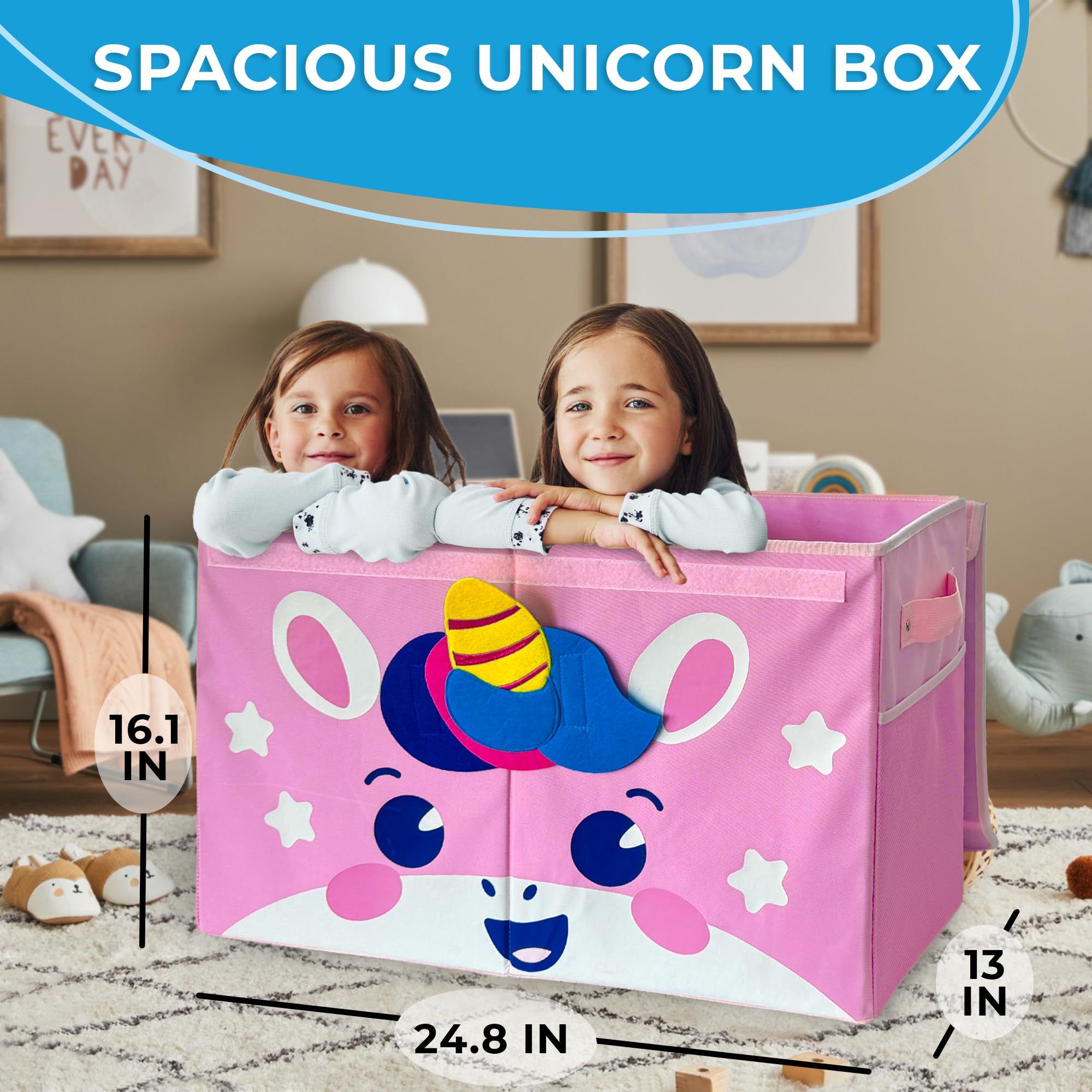 QUOKKA Unicorn Toy Storage Box for Kids - 24.8x16.1x13 Inch Foldable Fabric Toy Organizer with Handles & Flip Top Lid - Collapsible Playroom & Nursery Storage Bin for Boys and Girls - Perfect for Bedroom, Playroom, and Daycare Organization