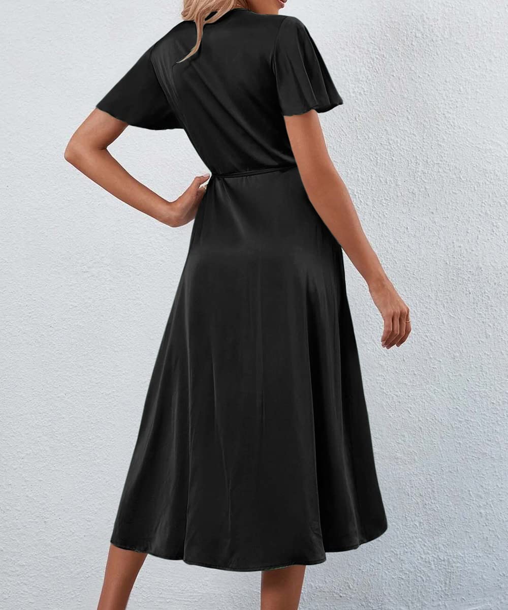 Elegant Satin Midi Cocktail Dress with Slit & Belt - Women's Formal Wedding Guest & Party Dress for Evening Events, Bridal Showers & Special Occasions