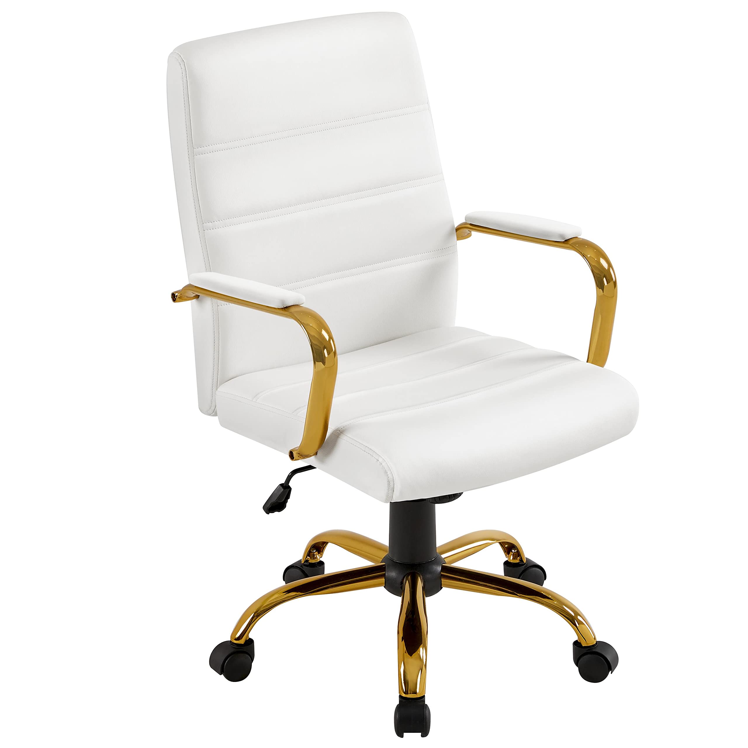 Yaheetech Mid-Back Office Chair - PU Leather Executive Desk Chair with Adjustable Height & Lumbar Support - Gold Base & White Seat - Perfect for Home Office, Study & Workspace Ergonomics