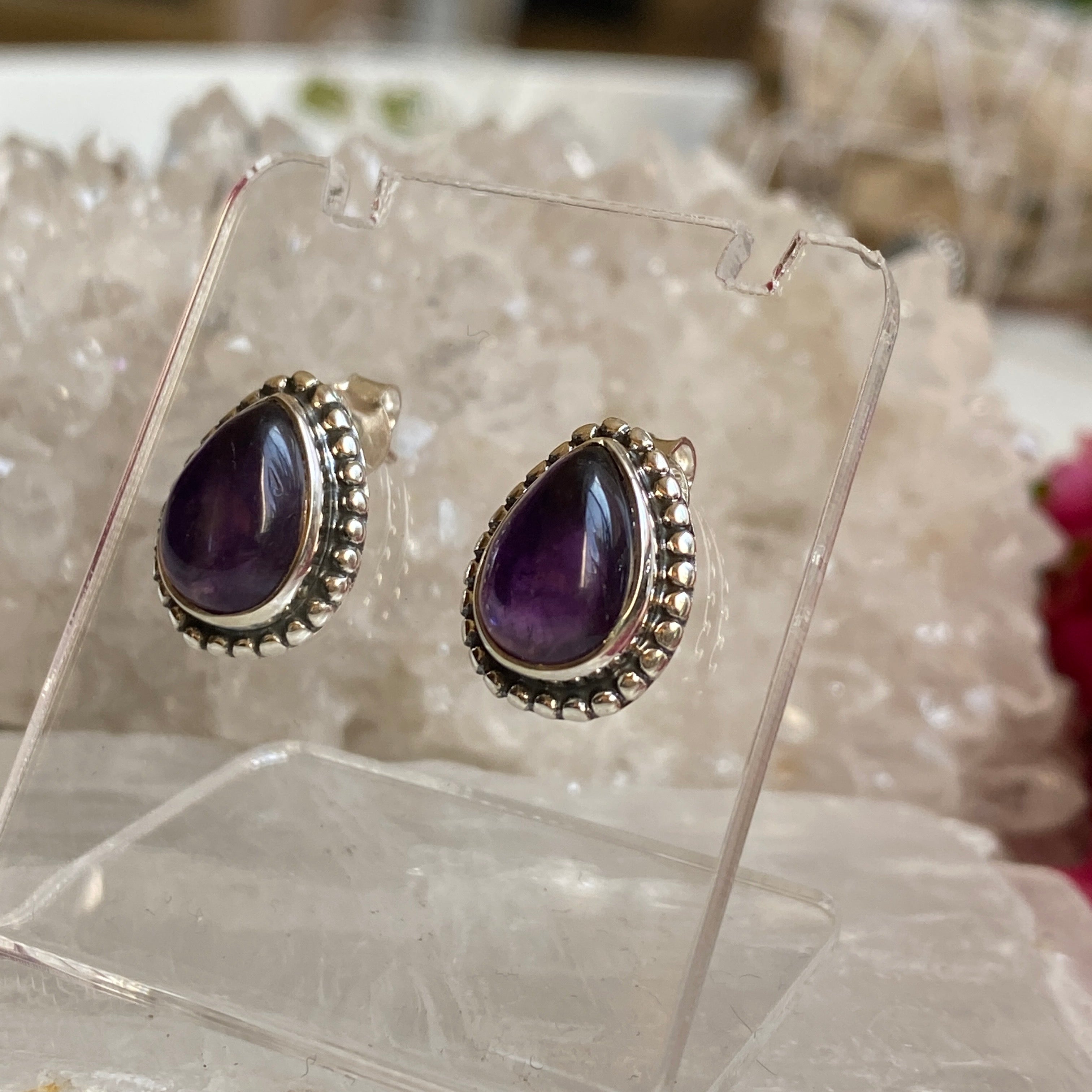 Amethyst Teardrop Stud Earrings - Handmade Cabochon Gemstone Jewelry for Women | Perfect for Weddings, Parties & Gifts (KEGJ1196)
