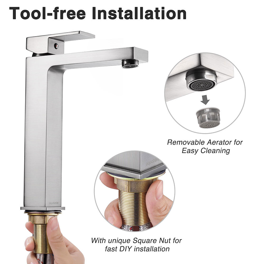 Aquaterior Modern Square Bathroom Vessel Sink Faucet - 10.4 Inch Contemporary Lavatory Faucet for Vanity & Powder Room - Perfect for Modern Home, Hotel, and Spa Decor