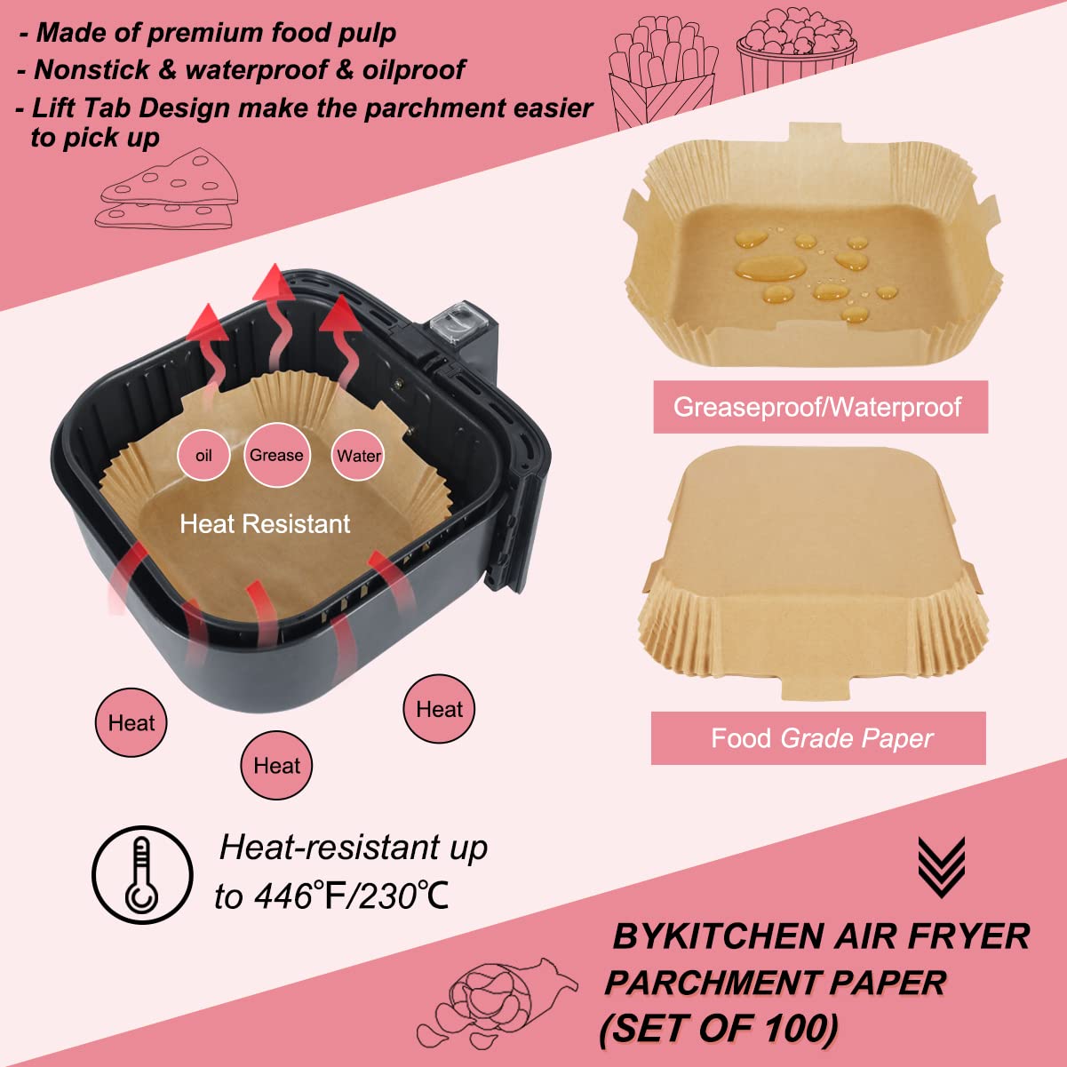 BYKITCHEN 100pcs 7.9 Inch Square Air Fryer Liners - Unbleached Parchment Paper Sheets for COSORI, Ninja, Tower & More | Disposable, Greaseproof, Non-Stick | Perfect for Roasting, Baking, Frying Healthy Meals