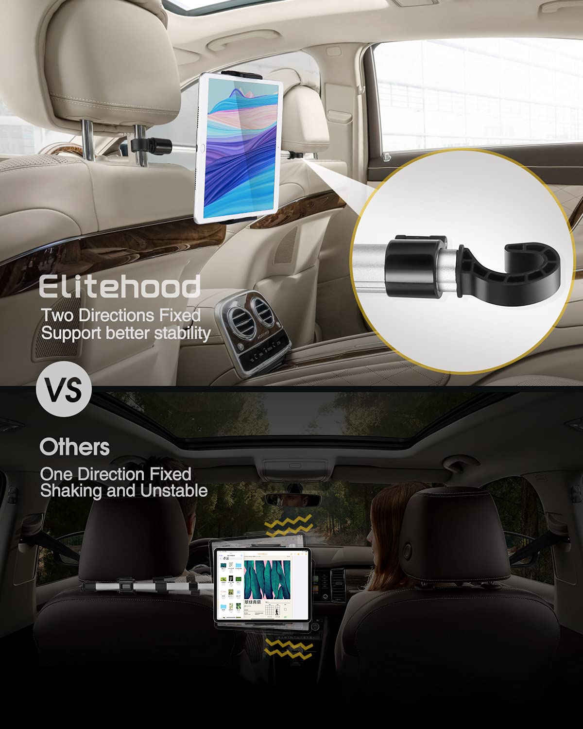 Elitehood Adjustable Aluminum Car iPad Holder - Universal Back Seat Tablet Mount for iPad Mini/Air/Pro 12.9